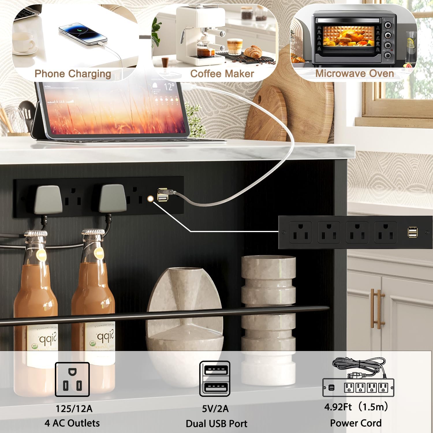 HSH Kitchen Island with 360° Swivel Table & Power Outlet, Rolling Kitchen Island Cart with Storage & Seating, Mobile Kitchen Island Table with Cabinet, Drawers & Shelves on Wheels, White Faux Marble