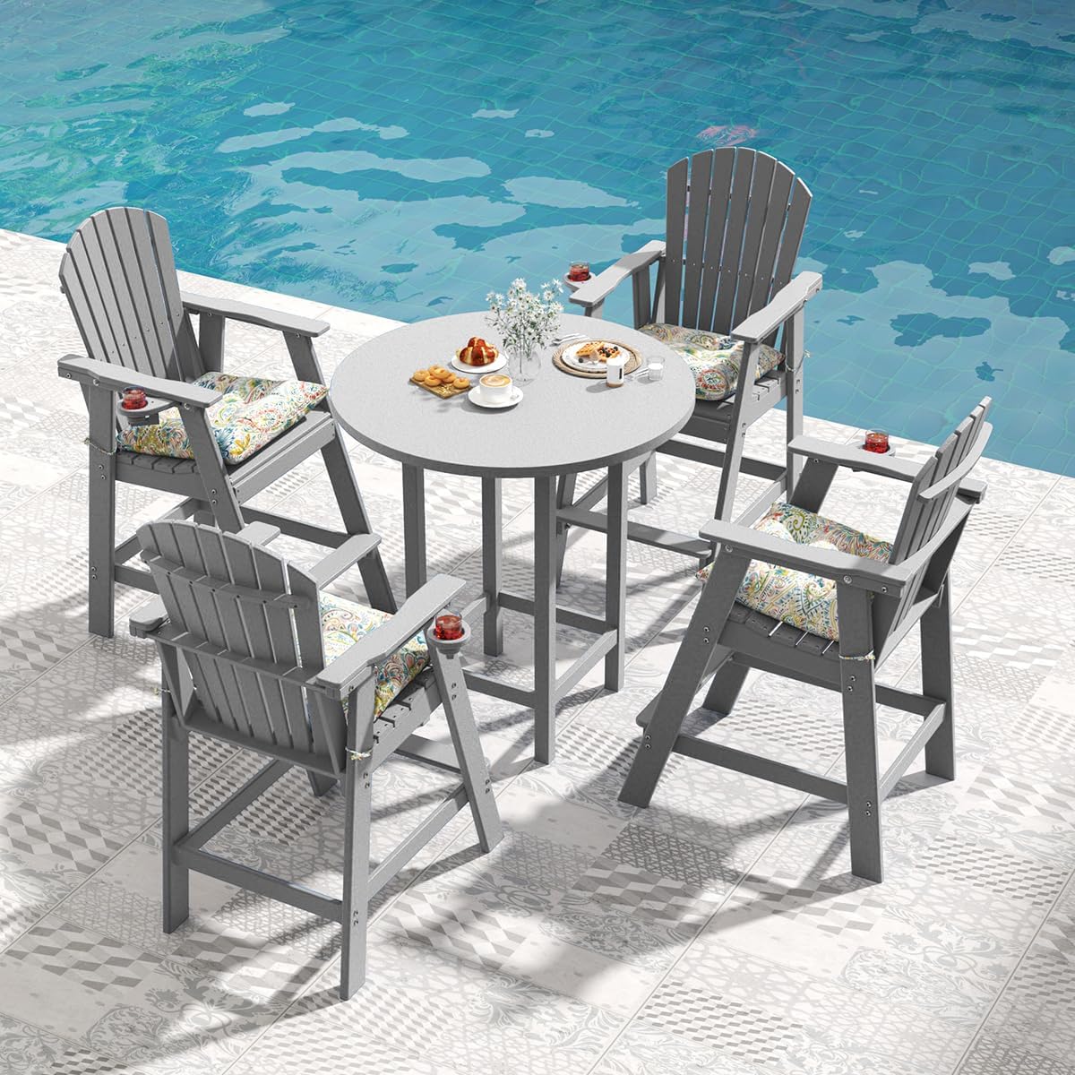 Sundale Outdoor Tall Adirondack Chairs Set of 2, 30 Inch Seat Height Patio Adirondack Bar Stools, HDPE Pub Chairs with Backrest, Tall Bistro Dining Counter Stool with Cushion, All-Weather, Gray