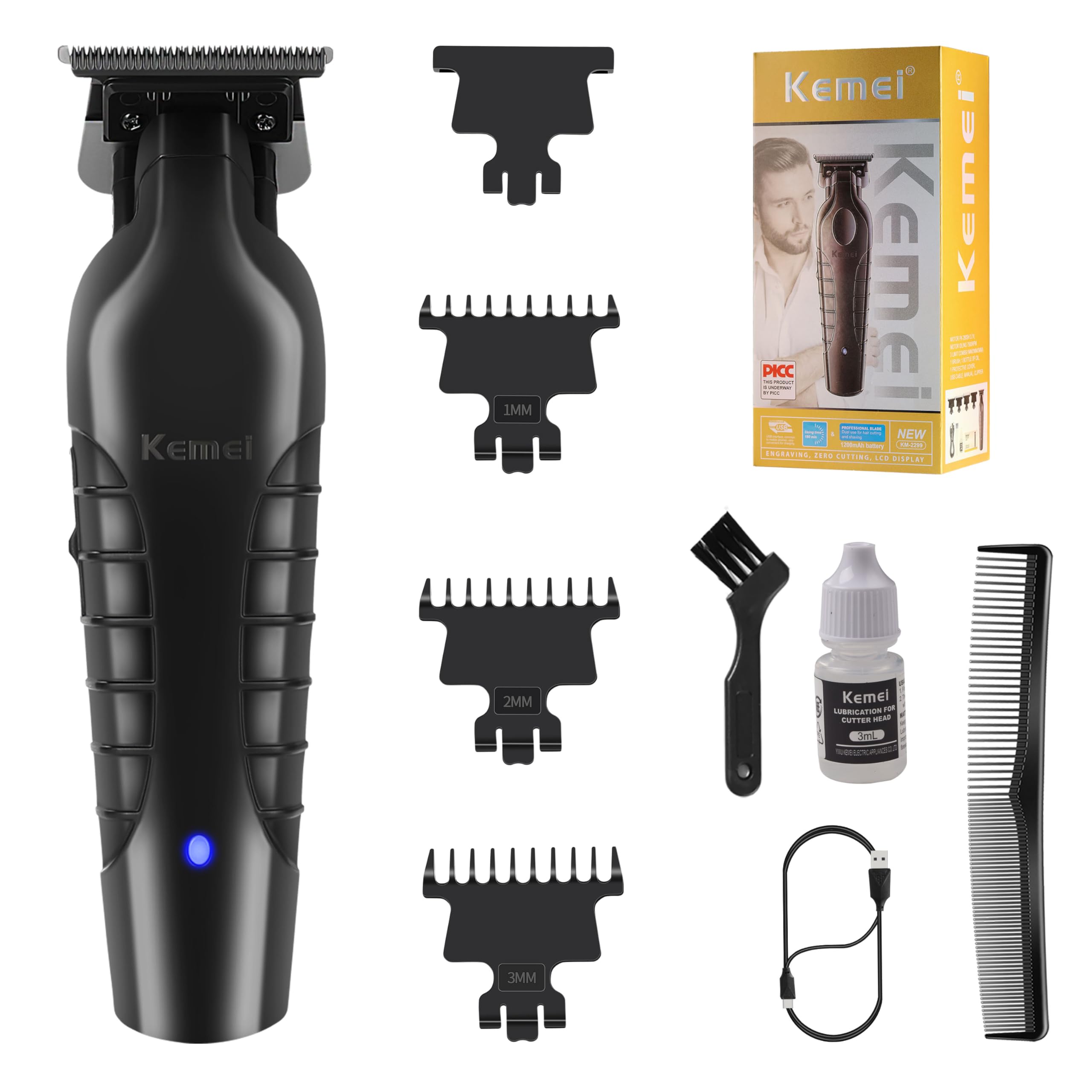 Kemei 2299 Professional Hair/Beard Trimmer for Men Zero Gapped Hair Clippers for Barber with T Blade, Cordless Rechargeable
