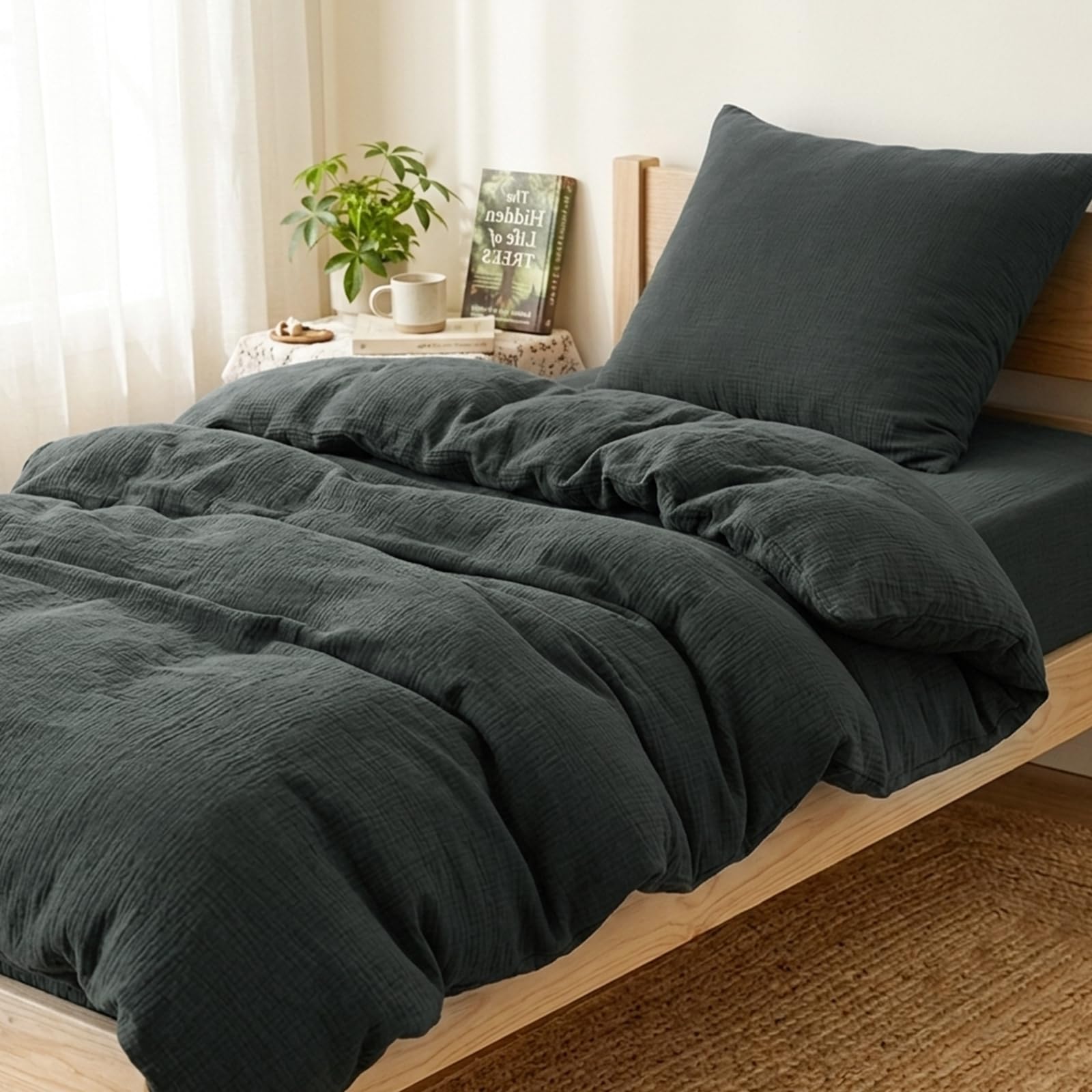 Aisbo Musselin Bettwäsche 135x200 2teilig Grau, 100% Baumwolle Oeko-TEX® | 1 Bettbezug 135x200 cm & 1 Kissenbezug 80x80 cm mit Reißverschluss, Weich, Atmungsaktiv, Leichte Sommerbettwäsche