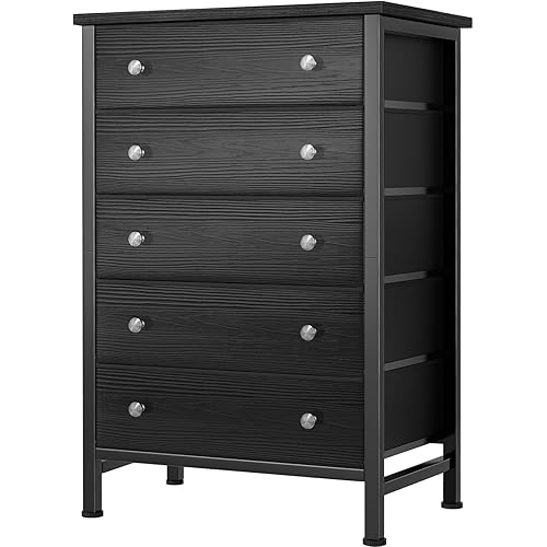 BOLUO Black Chest of Drawers for Bedroom Dresser with 5 Drawer Fabric Dressers for Closet Modern