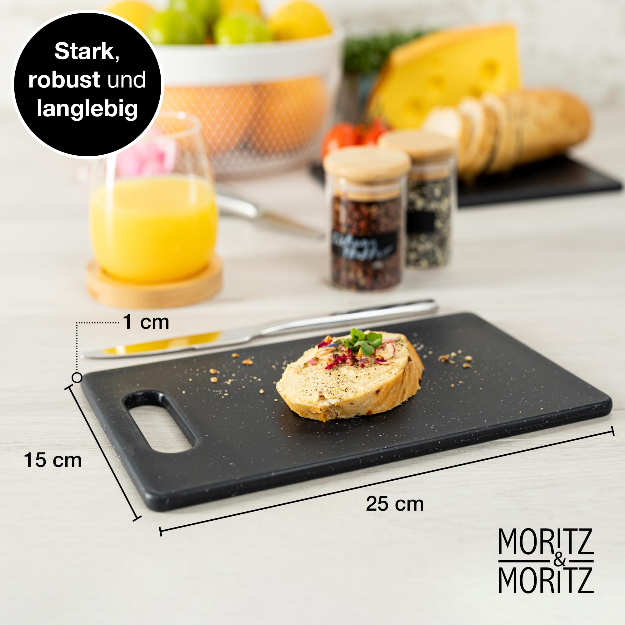 Moritz & Moritz Juego de 4 tablas de cortar de plástico en aspecto de granito, 25 x 15 cm, tablas de cortar sin BPA, tabla de desayuno, juego higiénico y apto para lavavajillas