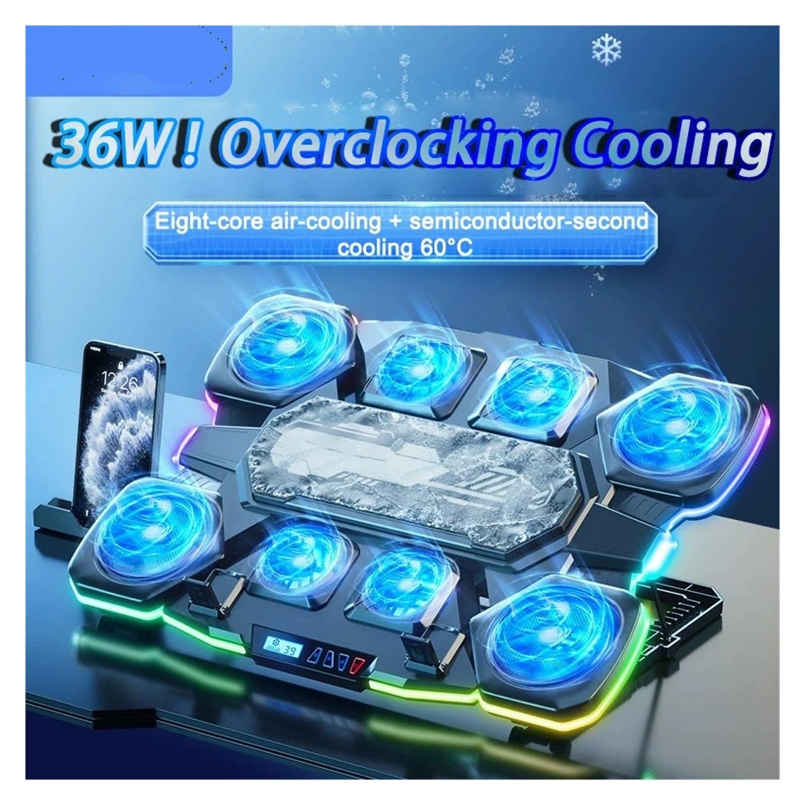 Refrigeratore per notebook, raffreddamento a semiconduttori, illuminazione ambientale RGB, muto, raffreddamento, supporto, accessori per laptop da 12-18 pollici (A-nero con RGB)
