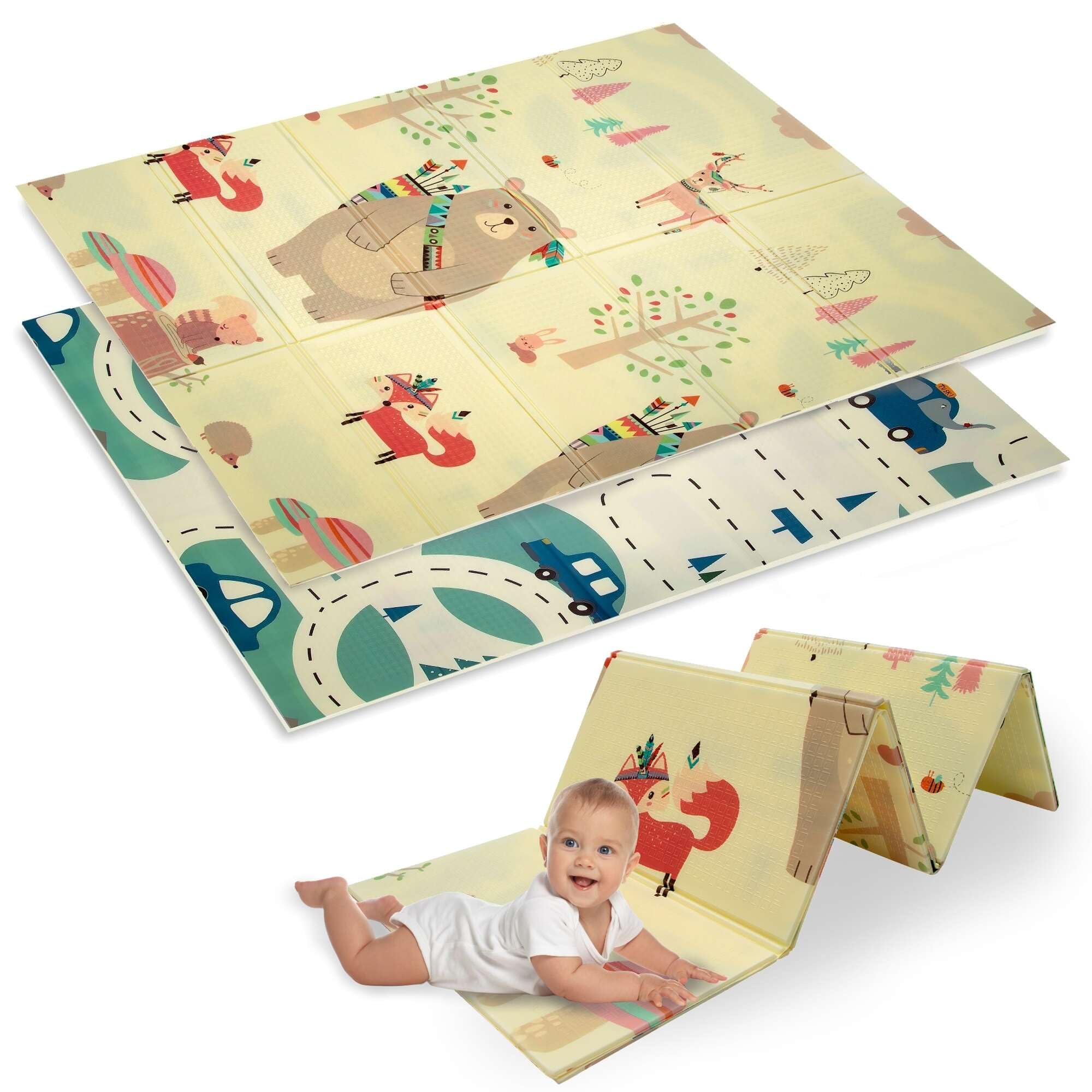 HUMBI speelmat baby, kruipmat, XPE schuim, dubbelzijdig, vlakke lat, waterbestendig, extra groot, tapijt babymat, antislip, 120x180, bergen dieren