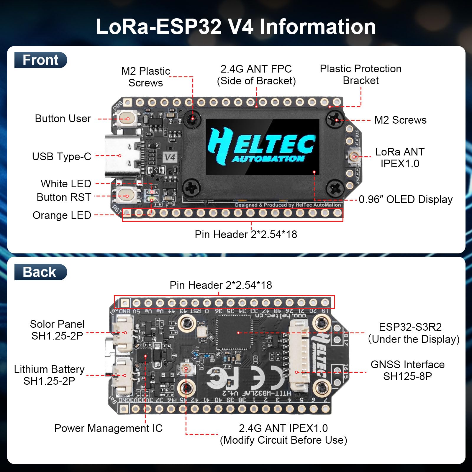 Binghe LoRa ESP32 V4 Board con Meshtastic LoRa ESP32 V4 WiFi Bluetooth Board con GPS e 868MHz Antenne 0.96″ OLED Display 1262 Chip ESP32-S3R2 MCU 16M Flash Compatibile con Arduino IoT Meshtastic