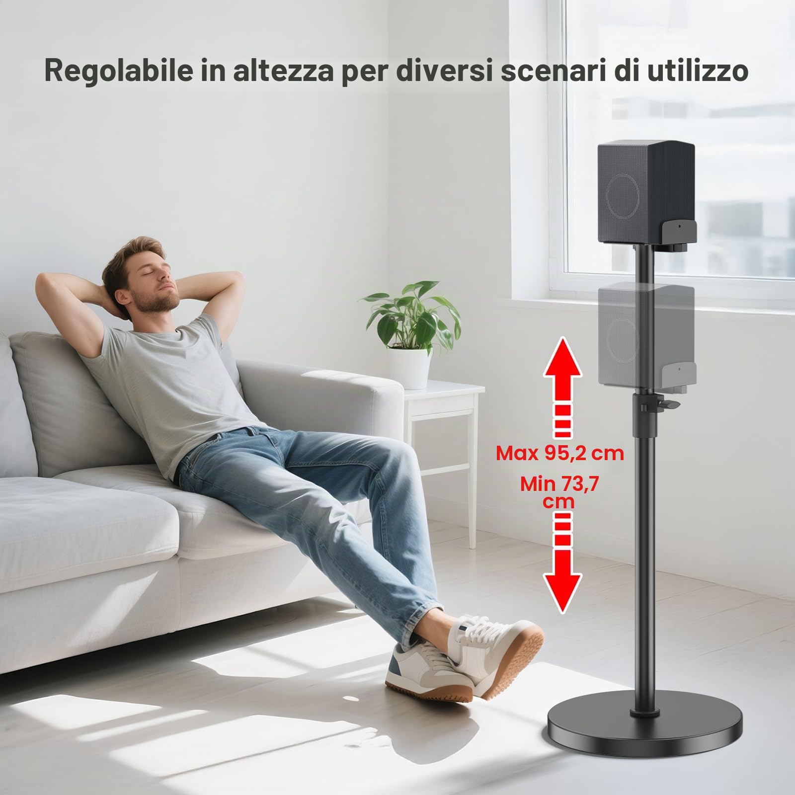 Supporto per altoparlanti regolabile in altezza fino a 95 cm – Base universale per Edifier, KRK, Klipsch, Polk, Yamaha, Sony – Robusto supporto per cassa Surround Sound con gestione dei cavi.