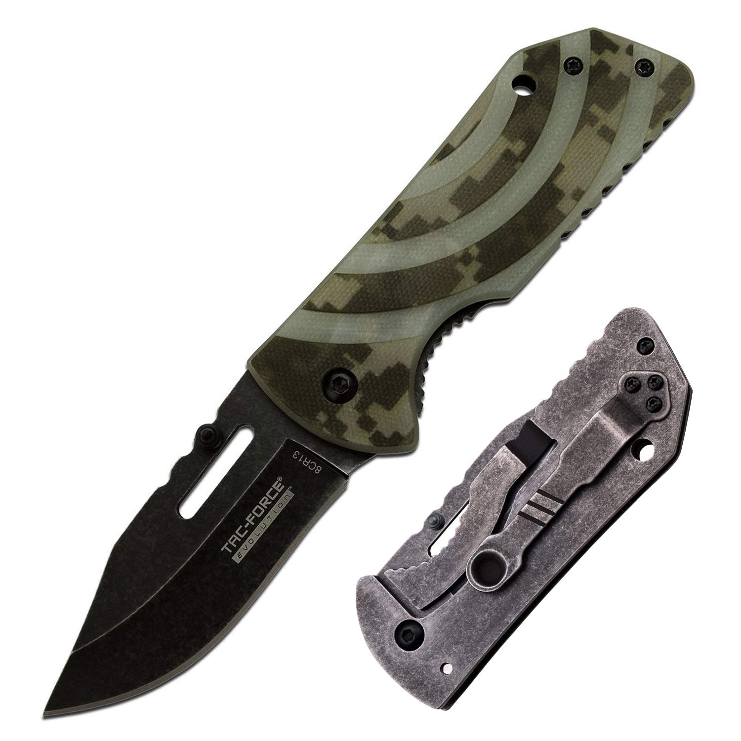 Tac Force Evolution - Camo Spring Assisted Folding Pocket Knife - Black Stonewashed Finish Bade with Camo G10 and Stainless Steel Handle and Pocket Clip - Tactical Military Combat Hunting TFE-A013-DG