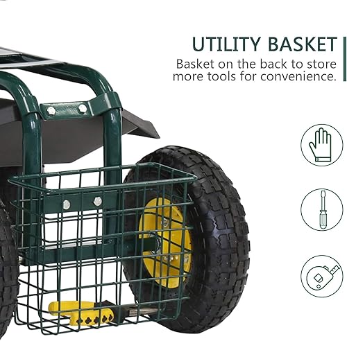 Miniatura 4 de kinbor Carrito de jardín rodante  Patinete de jardín para patio al aire libre, asiento de trabajo de jardinería con asiento ajustable, bandeja,