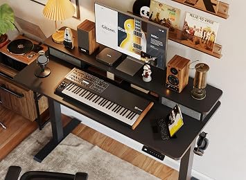 CubiCubi 48 x 24 Inch Electric Height Adjustable Standing Desk with Double Drawers, 4 Adjustable Feet & 2 Hooks, Home Office Computer Workstation, Black