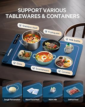 Food Warming Mat,7 Temp,4H Timer,Thermochromic Line,Kids Lock,Blue