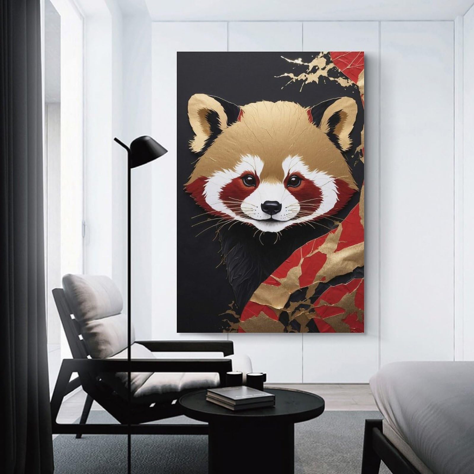 Junmoney Red Panda Portrait with Gold Accents Wall Picture Print 20x30inch(50x75cm), for Entrance Spaces, Stair Walls Or Halls, Decorative Canvas Styling for Entry Areas