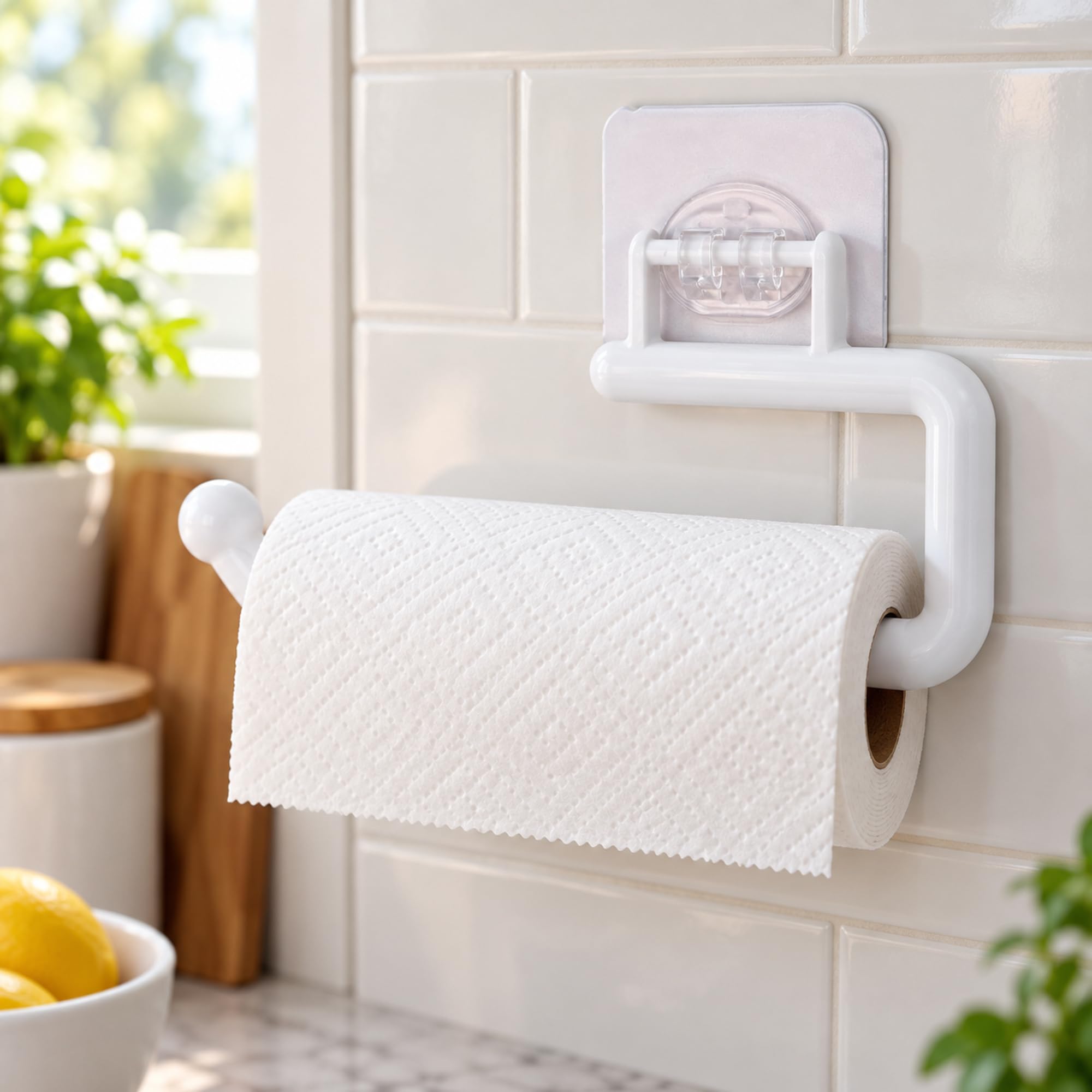 Plastic Wall-Mount Paper Towel Holder, Kitchen Roll Storage Rack for Keeping Cleaning Supplies within Easy Reach