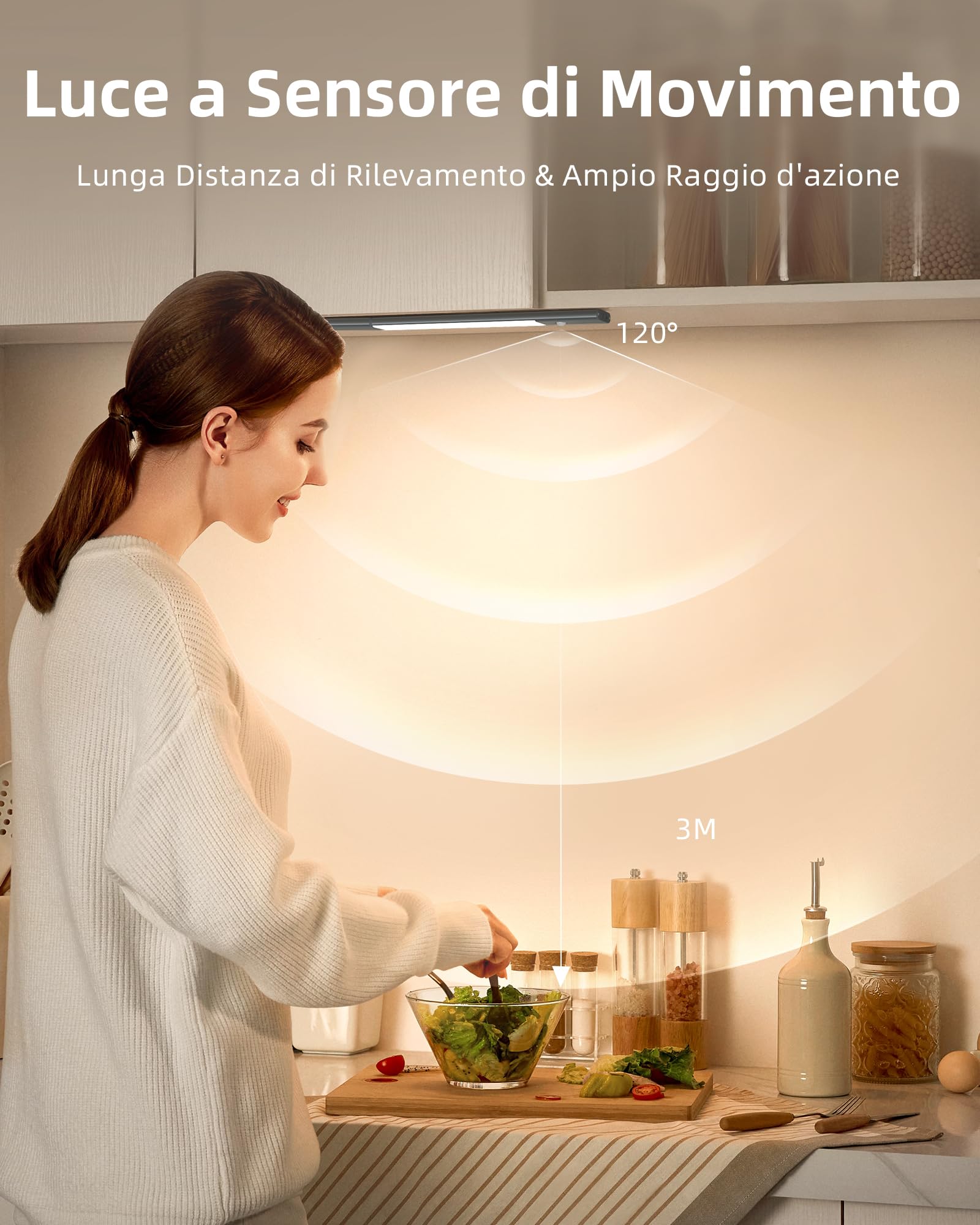 EZVALO 38CM LED Faretto da Cucina, Senza Fili a 3 Temperature di Colore, Batteria Rimovibile e Dimmerabile con Sensore di Movimento PIR per le Scale dell'armadio, Nero