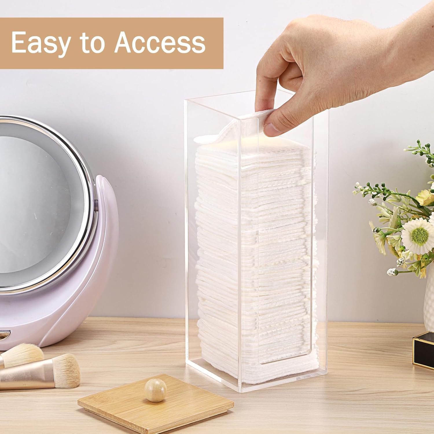 Cotton Pad Dispenser, Square Cotton Pad Holder for Bathroom | Acylic Clean Pads Storage Box for Vanity, Vertical Makeup Sponge Organizer with Lid