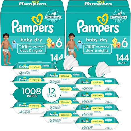 Pampers Size 6 Dry Baby Diapers and Refreshing Baby Wipes Family Pack