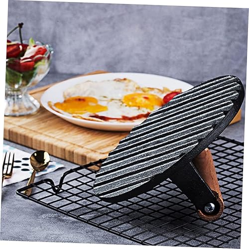 Miniatura 8 de DOITOOL Prensa de hamburguesa de hierro fundido para parrilla redonda para plancha superficie antiadherente, mango de madera 17.5 x 7 pulgadas