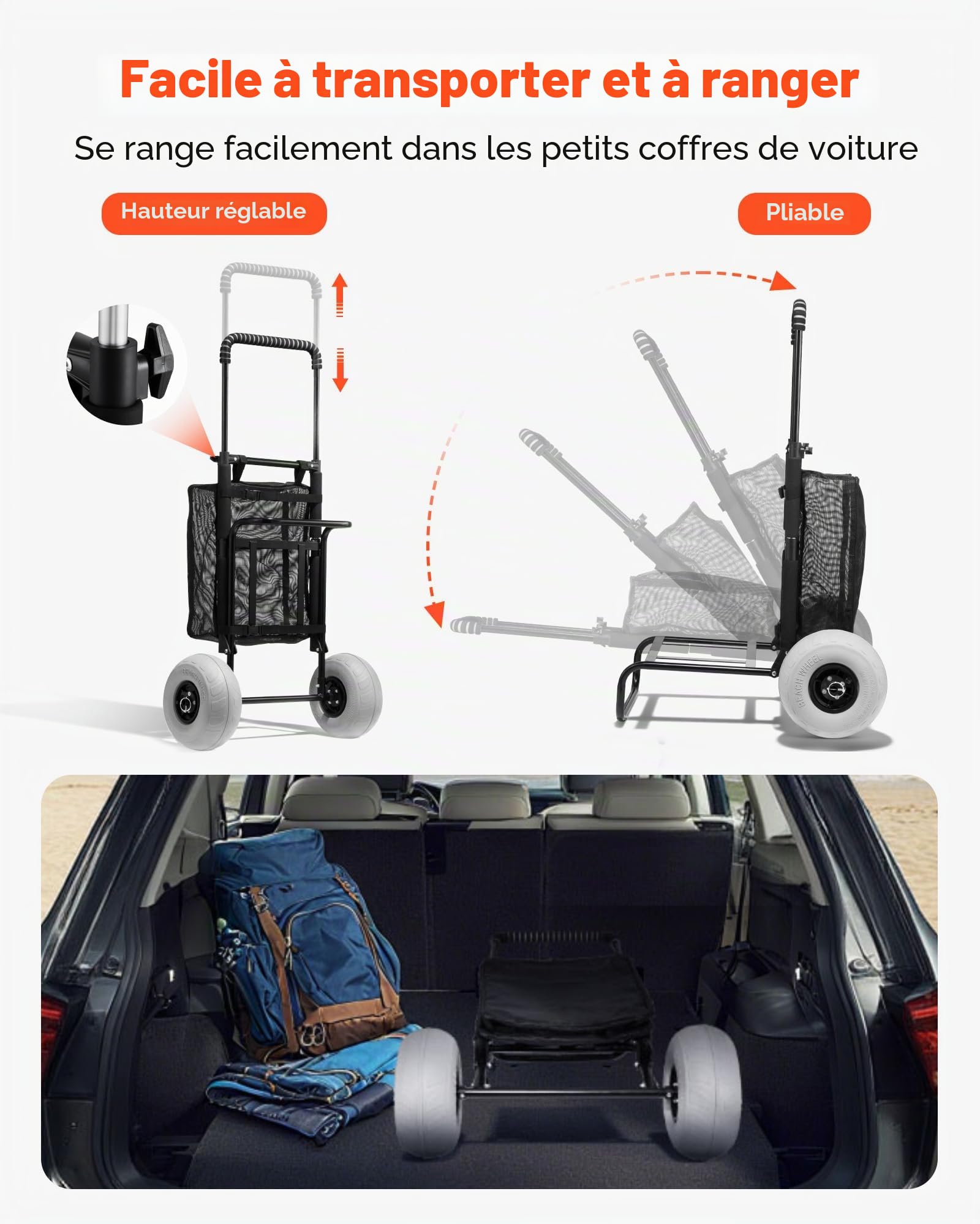 VEVOR Chariot de Plage avec Grandes Roues pour Le Sable, Porte-Bagages 510 x 370 mm, Chariot de Transport Pliable avec Roues Ballon de 228,6 mm, 74,8 kg, Hauteur 690 à 1140 mm, pour Plage, Camping