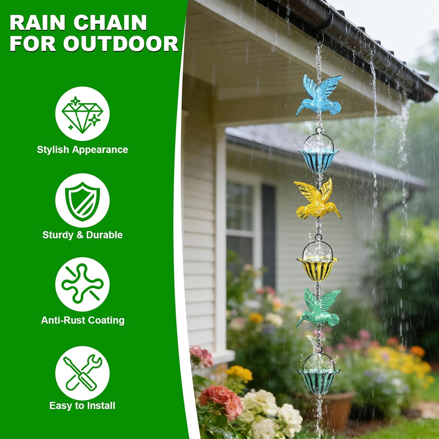 8.5ft Rain Chains for Outside,Colorful Hummingbird Rain Chain for Gutters and Downspouts, Rain Catcher Chain for Garden Yard Decor