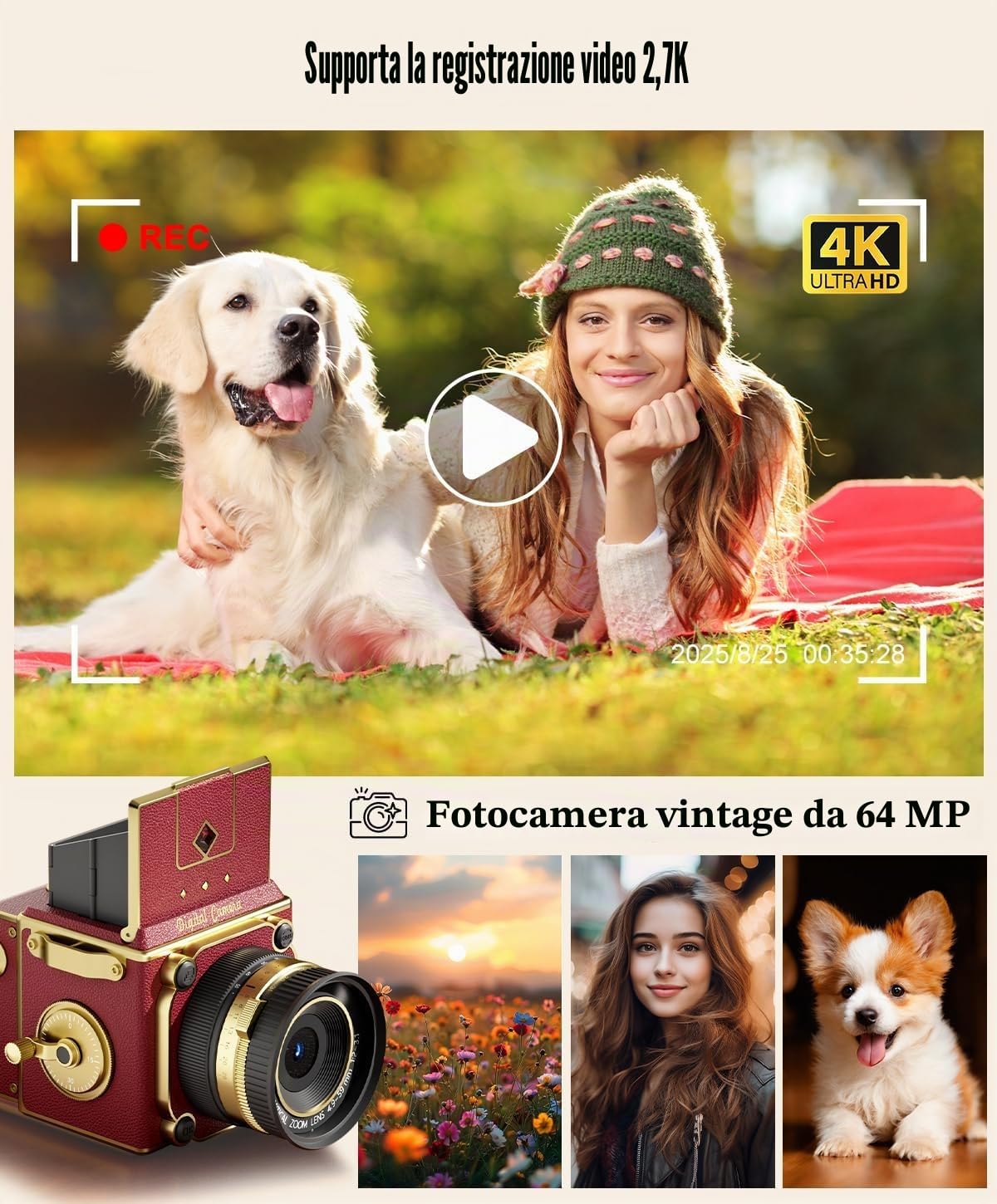 Fotocamera Digitale Vintage, Fotocamera Retro 64MP 2.7K Point and Shoot con Autofocus, Schermo IPS da 2" a Livello Vita e Scheda TF da 16GB, Fotocamera Compatta 16X Zoom per Principianti e