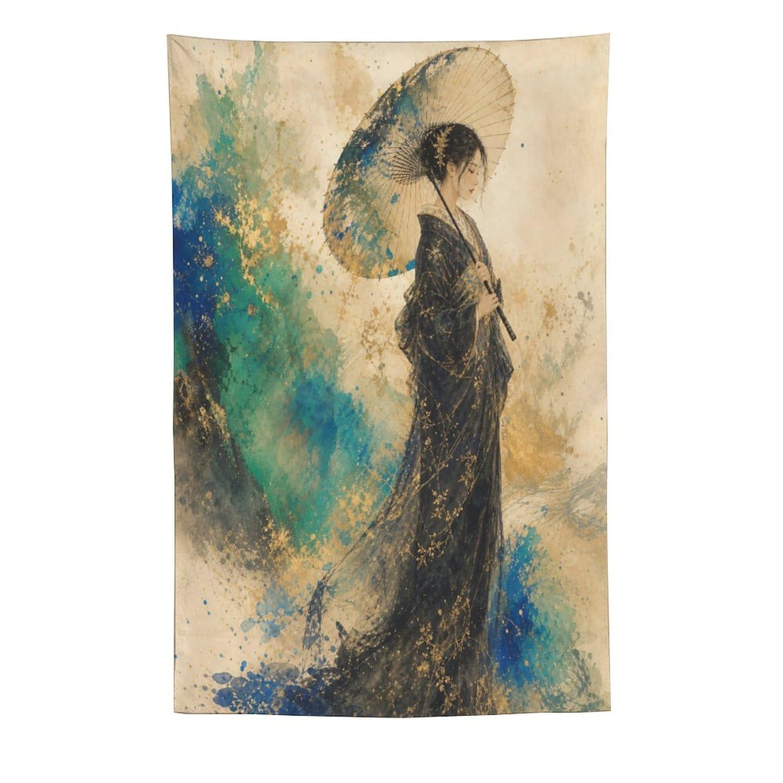 H3B8U2Y5 Woman with Parasol by Turquoise Wave Wall Tapestry, Entryway