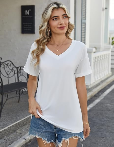 Zeagoo Maglietta Donna Maniche Corte T Shirt Casual Maglia Scollo a V Tshirt Ampia Magliette Estive Blusa Tunica S-XXL - 4
