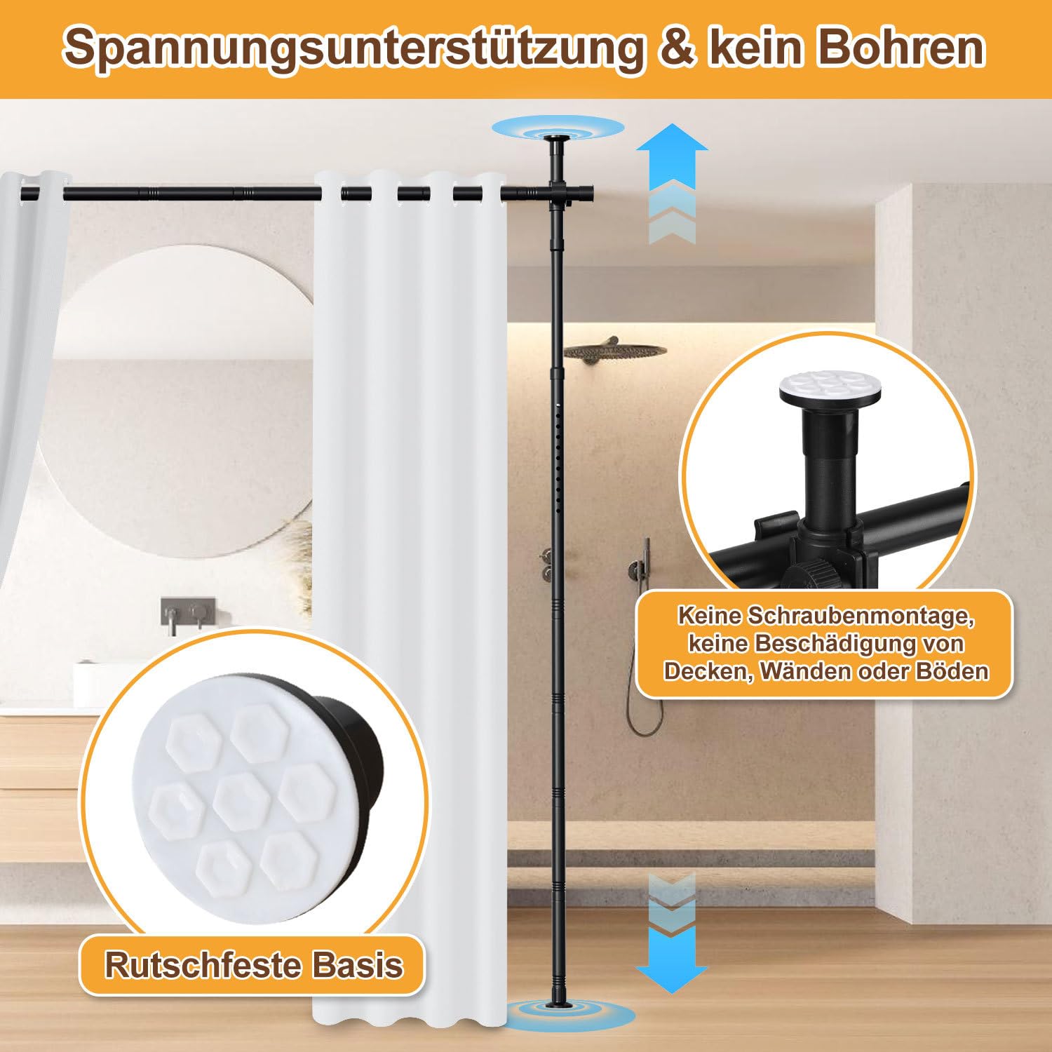 Separador de habitaciones sin taladrar, ancho 70-355 cm x alto 122-305 cm, sin cortina | Marco de biombo negro sin taladrar, independiente y ajustable para salón, dormitorio y oficina, sin cortina