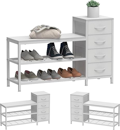 Miniatura 6 de EXOTICA Banco de almacenamiento de zapatos de 3 niveles blanco con 4 cajones y estante para zapatos, armario de almacenamiento para pasillo, puerta