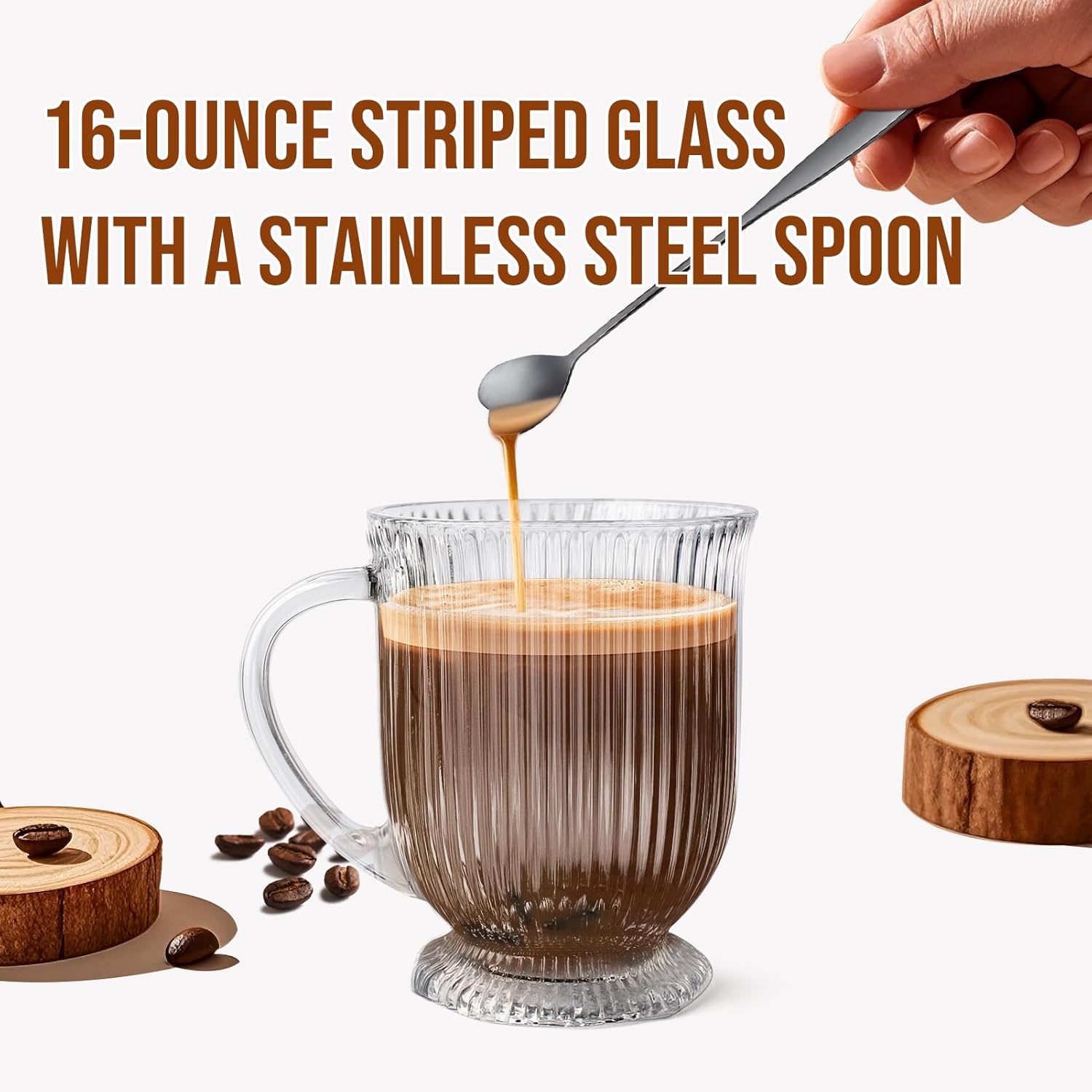 Large Ribbed Glass Coffee Mugs Set of 4,16 Oz Clear Espresso Mugs with Spoon, Glass Tea Cups with Handle Diner Latte Cup with Footed Base for Hot Beverages,Cappuccino Cups, Stylish Drinkware - Image 6