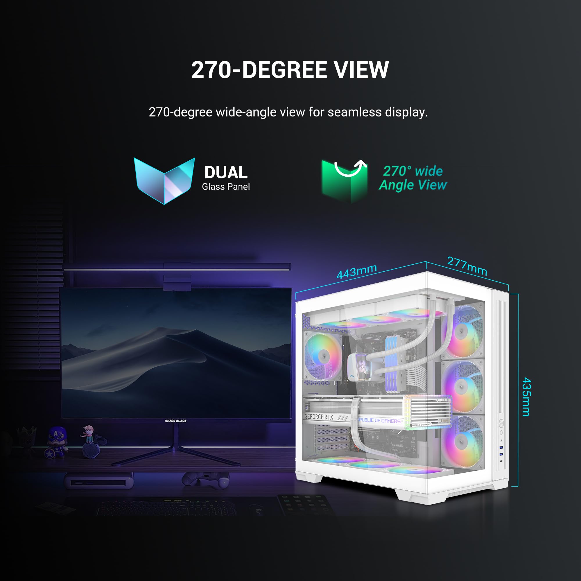 SAMA V52 Panoramiczna obudowa gamingowa, 7 wentylatorów ARGB PWM + koncentrator, USB typ C, biała