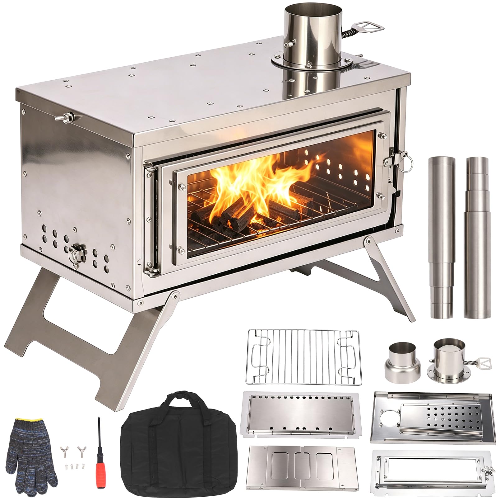 Camp Feuer Zeltofen, Edelstahl Zeltofen mit Kamin, Tragbarer Holzofen | Mit Tragetasche und Ascherost, Hochtemperaturbeständiges Holzkocher für Camping im Zelt,Outdoor-Kochen und Gartenaktivitäten