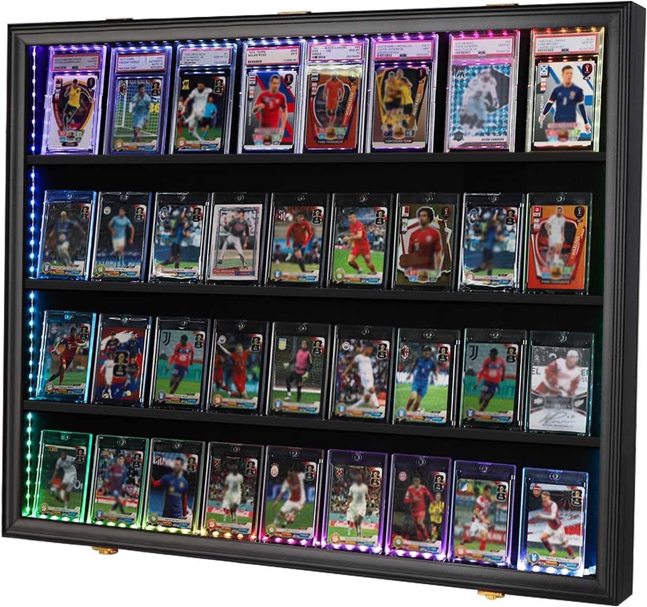 VERANI LED Baseball Card Display Case - 36 Graded Sports Card Display Frame - Holds Sport Cards with UV Protection Clear View Lockable Wall Cabinet for Football Basketball Trading Card Horizontal Large-Horizontal-Black-with LED