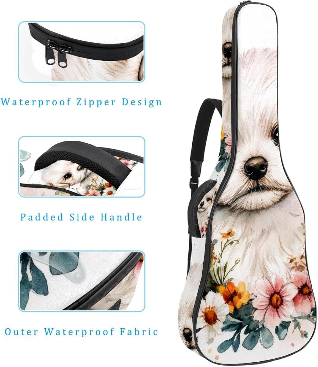 Watercolor Dog Puppy with Flowers Acoustic Guitar Gig Bag, 1 cm Thick Padding Waterproof Guitar Bag Backpack for 40 41 42 Inch Electric Bass Classical Guitars