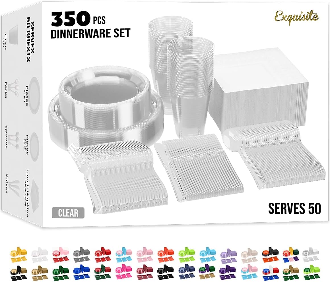 350 Pcs Clear Plastic Plates For Party, Clear Disposable Plates Set, 50 Of Each 9" Dinner Plate Set, 7" Dessert Plate, Cups, Napkins & Cutlery Plastic Dinnerware Set Exquisite