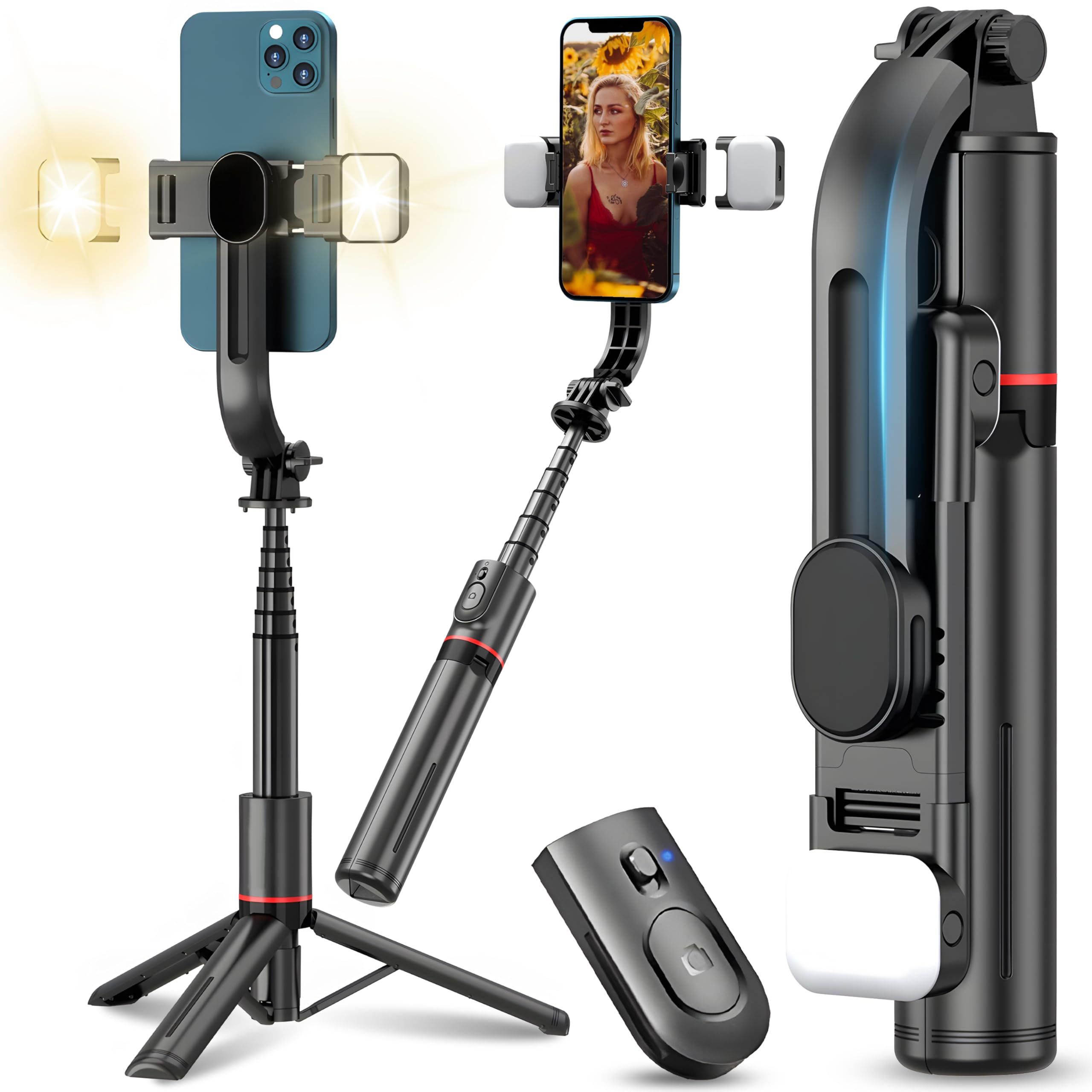 Retoo Selfie Stick 110,5 cm, statyw do telefonu, opcja Bluetooth rozszerzalny lampa 3 w 1 do telefon komórkowy drążek teleskopowy, statyw podróżny do selfie/wideo