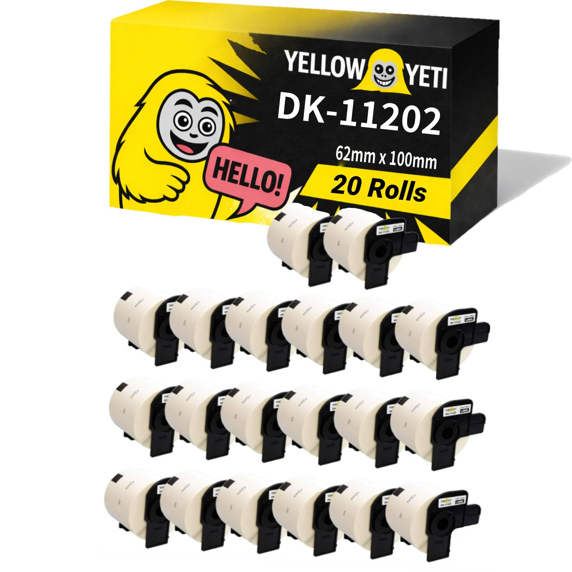 Yellow Yeti 20 Rollos DK-11202 62 x 100mm Etiquetas para envíos compatibles para Brother P-Touch QL-500 QL-570 QL-700 QL-710W QL-720NW QL-800 QL-810W QL-820NWB QL-1100 QL-1110NWB | 300 Etiquetas/Rollo