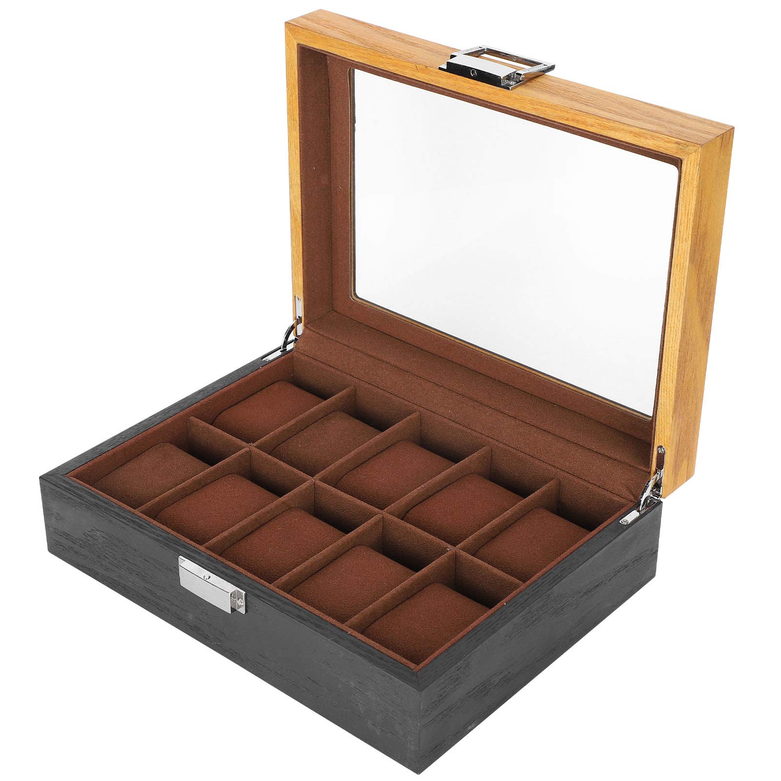 Rengue Caja de reloj de madera con 10 compartimentos, diseño de placa de vidrio, organizador de estilo vintage para colección de relojes para hombres, regalo perfecto para entusiastas de los relojes