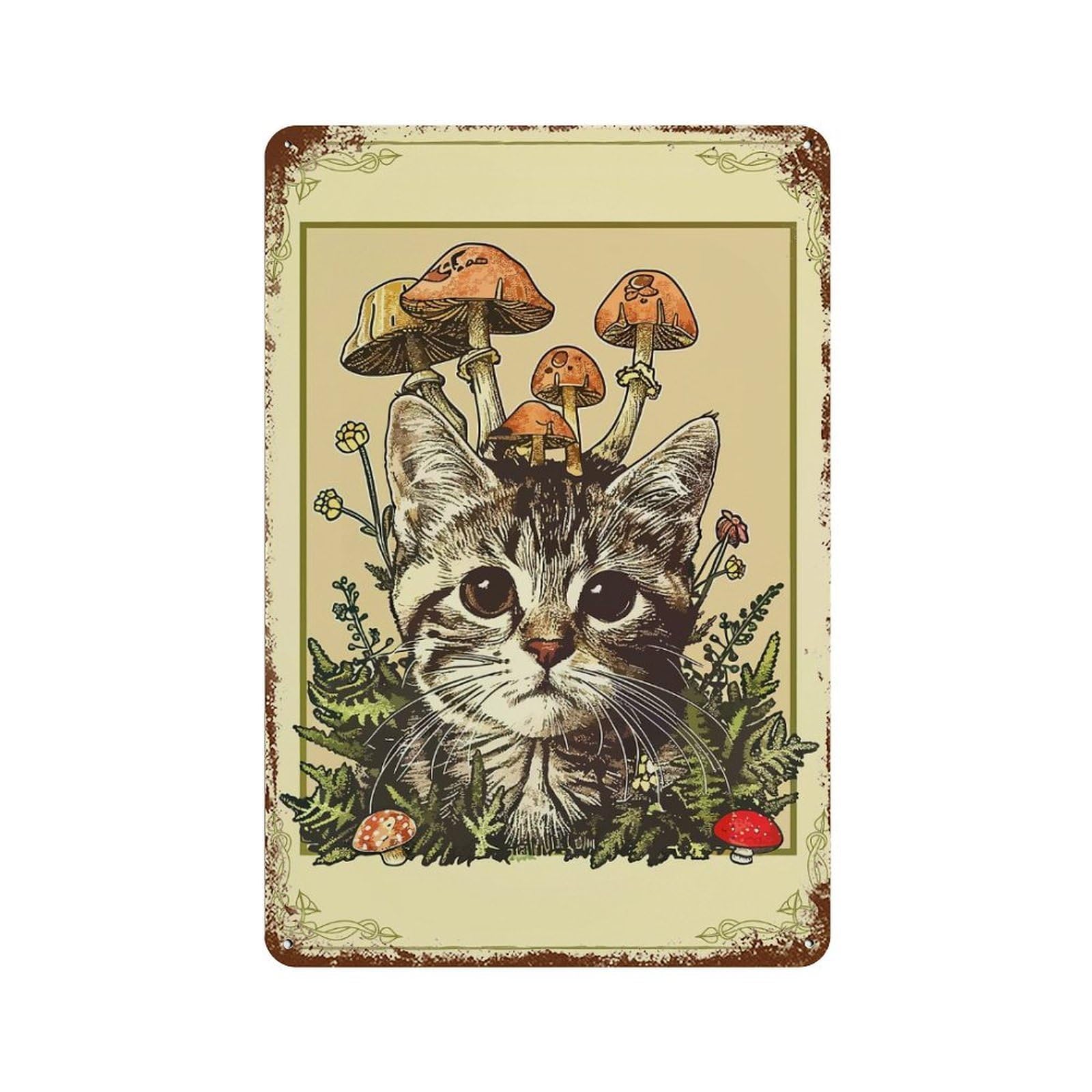 Rustic Tin Plaque Cottagecore Cute Cat Mushroom 11.8"x7.9", Rustic Home Decor for Office, Studio And Wall Decor