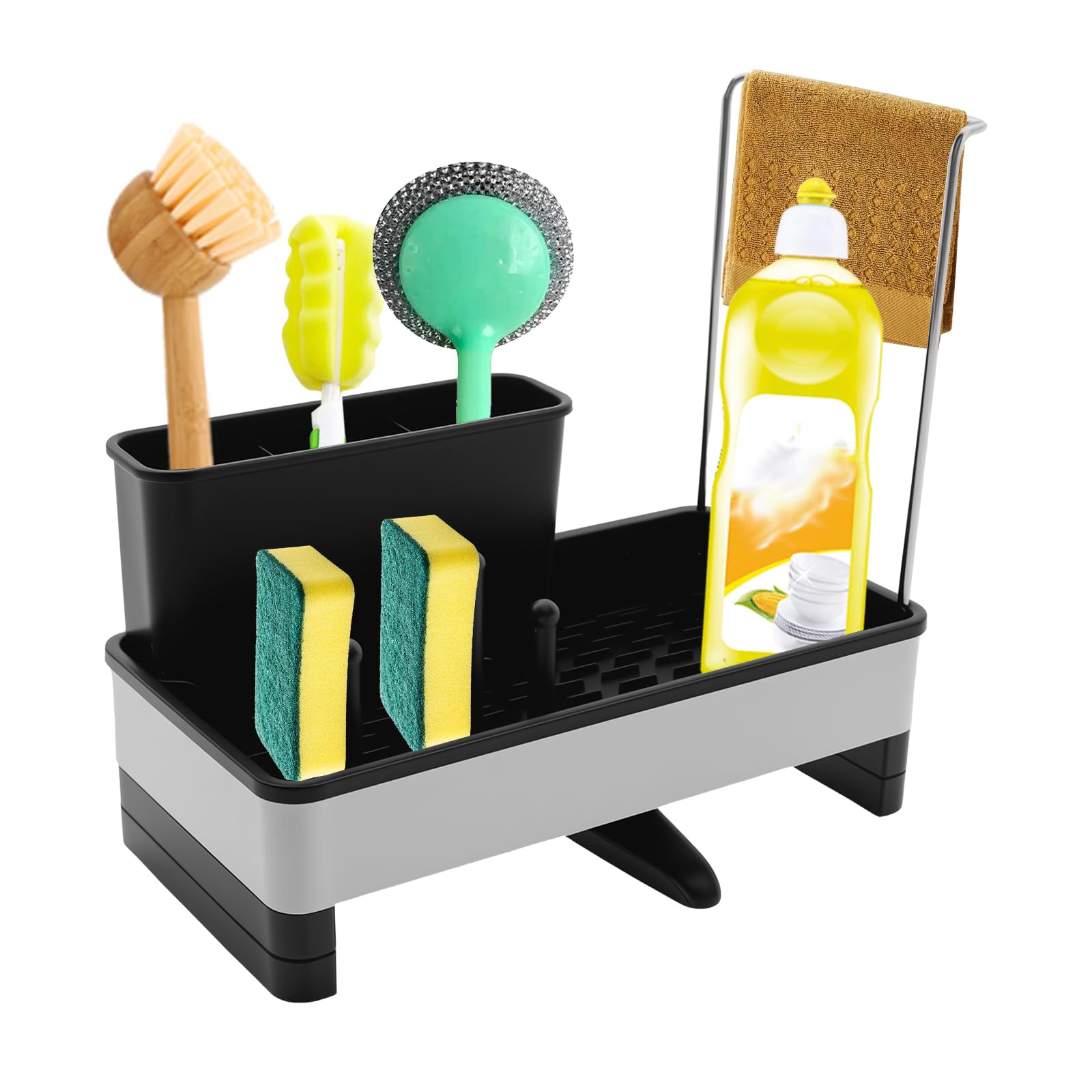 Nzwbshssp Black Kitchen Caddy Sink Organiser,Stainless Steel Sponge Holder With Auto Drain Tray, Detachable Towel And Brush Holder,Countertop Sink Tidy Kitchen Organiser