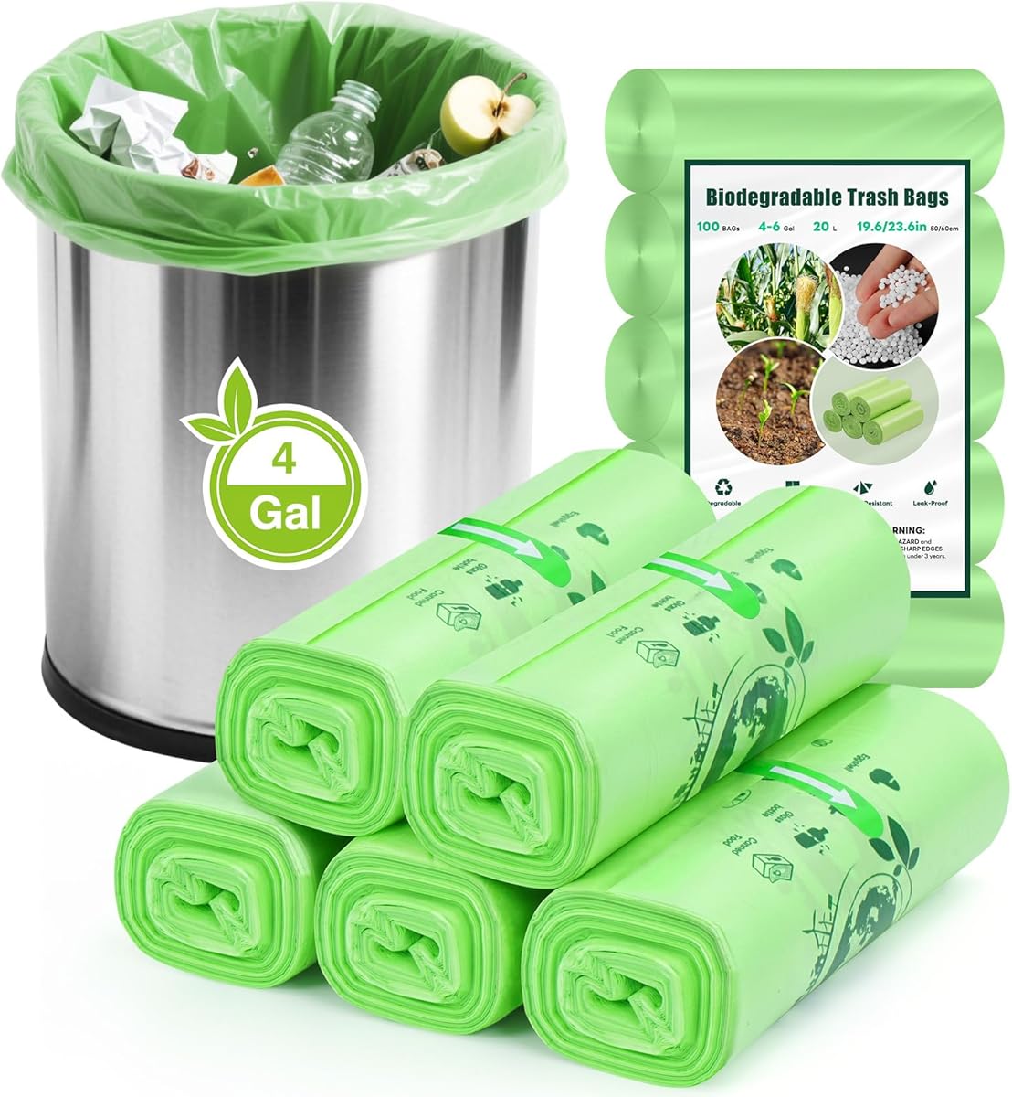 4 Gallon Trash Bags: 120 Count Small Garbage bags, Compost Waste Bag Strong Trash Can Liners Unscented for Bathroom Kitchen Bedroom Office Green