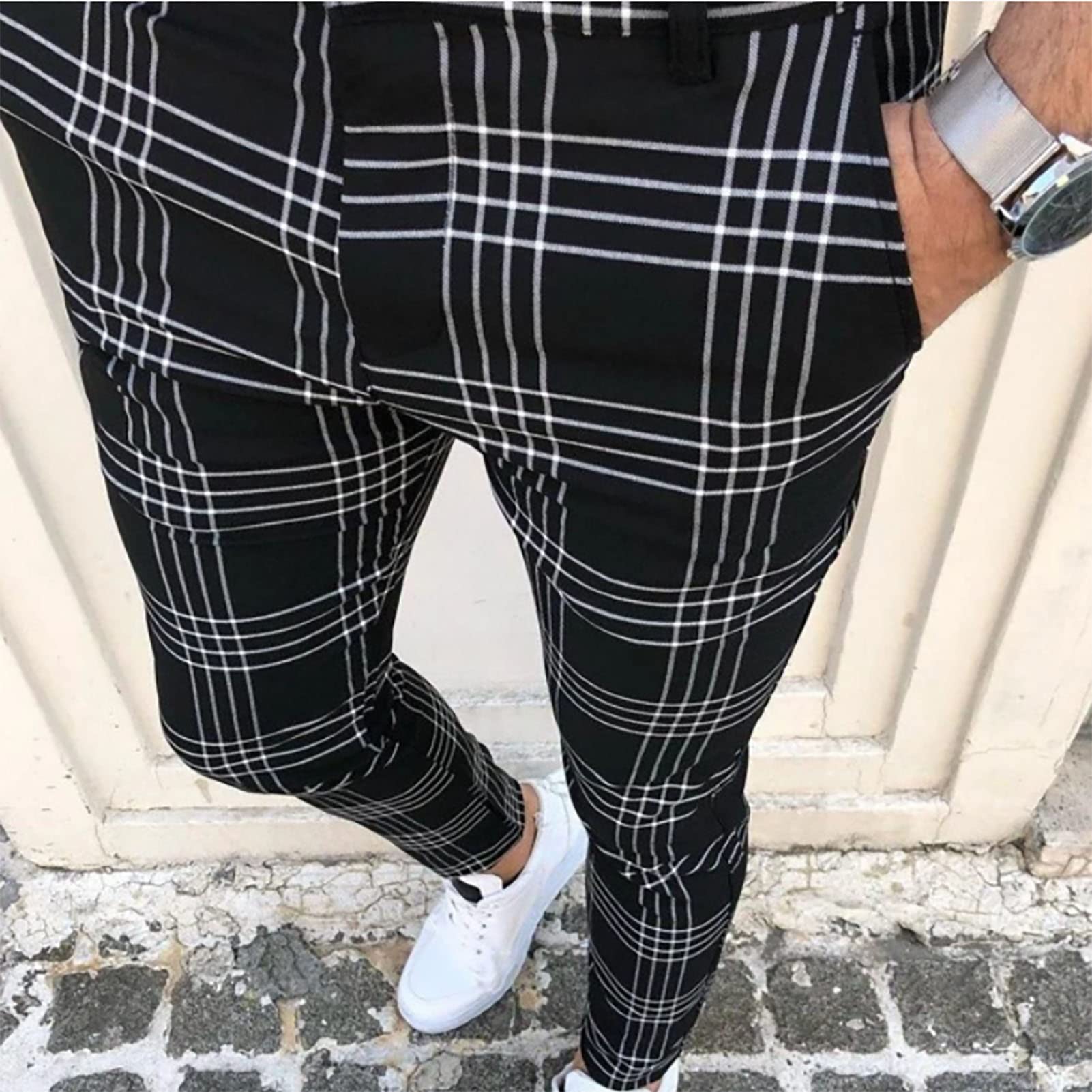 Mango Man geruite linnen slim fit pantalon donkerblauw