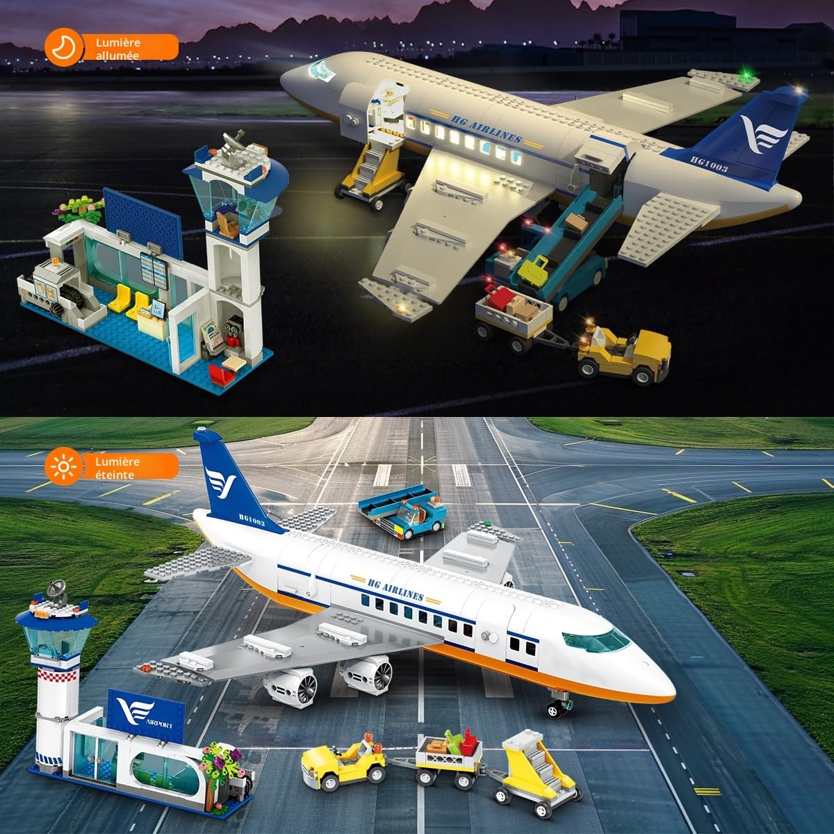 HOGOKIDS City Avion de passagers Jouets de Construction Ensembles avec lumière LED, 901 pcs Blocs de Construction d'avion avec Terminal d'aéroport, Tour Radar, remorque à Bagages, Cadeau pour Enfants