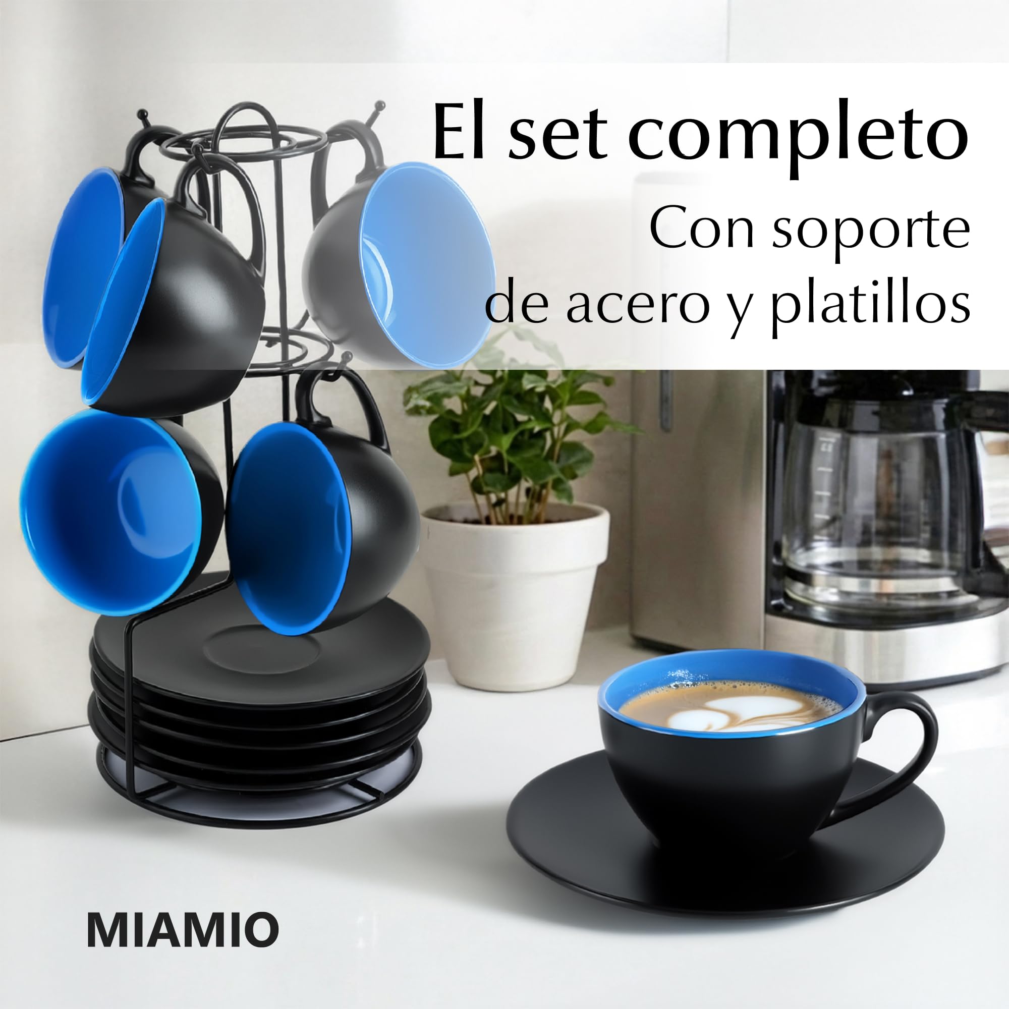 MIAMIO - Juego De Tazas De Cafe - 6 tazas de 175 ml Tazas de Cappuccino - Juego tazas de cafe Capuchino Taza Cafe - Colección Le Papillon (Azul)