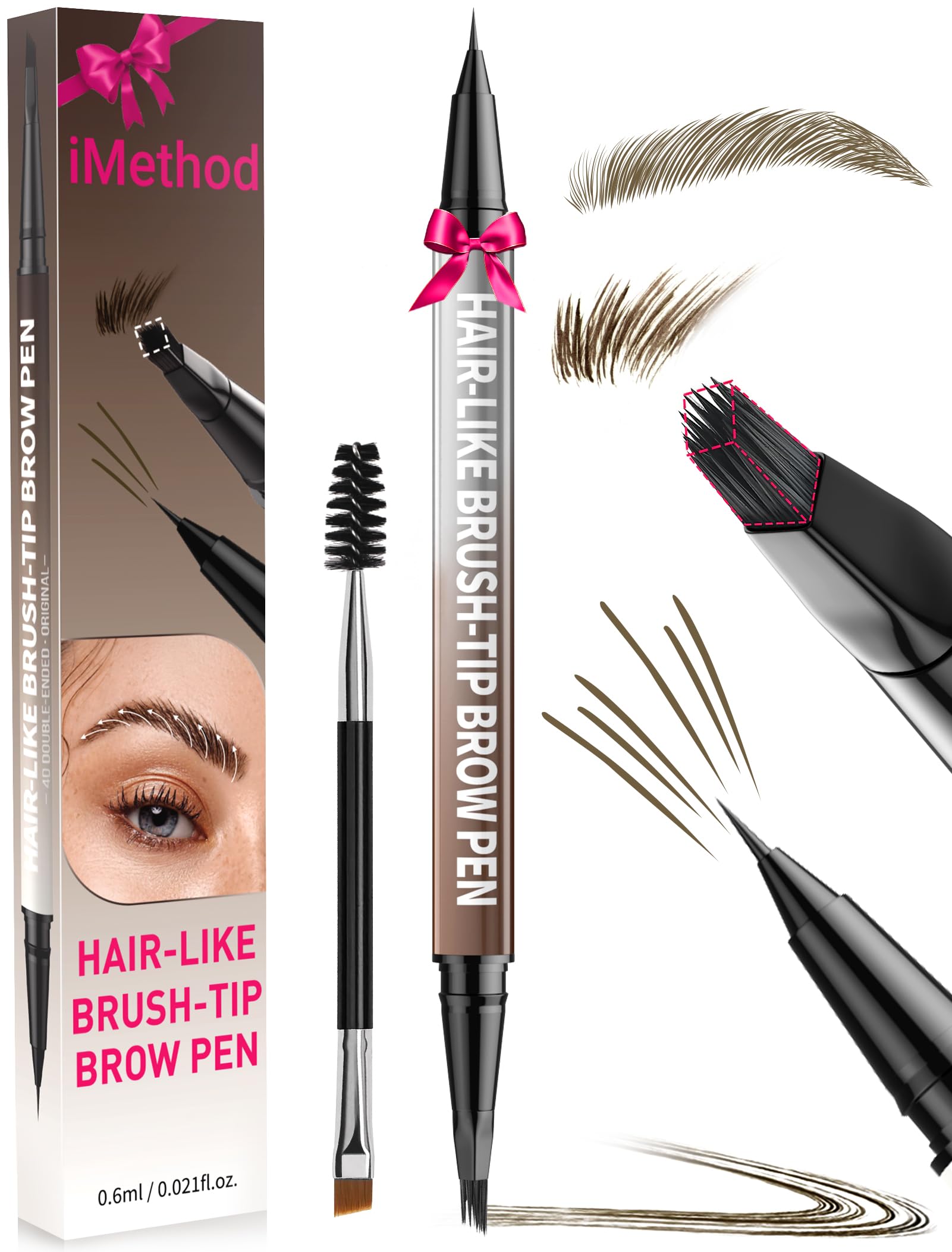 iMethod Kredka do brwi – kredka do brwi, 2 w 1, eyeliner z dwustronnym pędzelkiem do brwi Microblading 4D, do brwi podobnych do włosów, ze szczotką do brwi, kolor brązowy