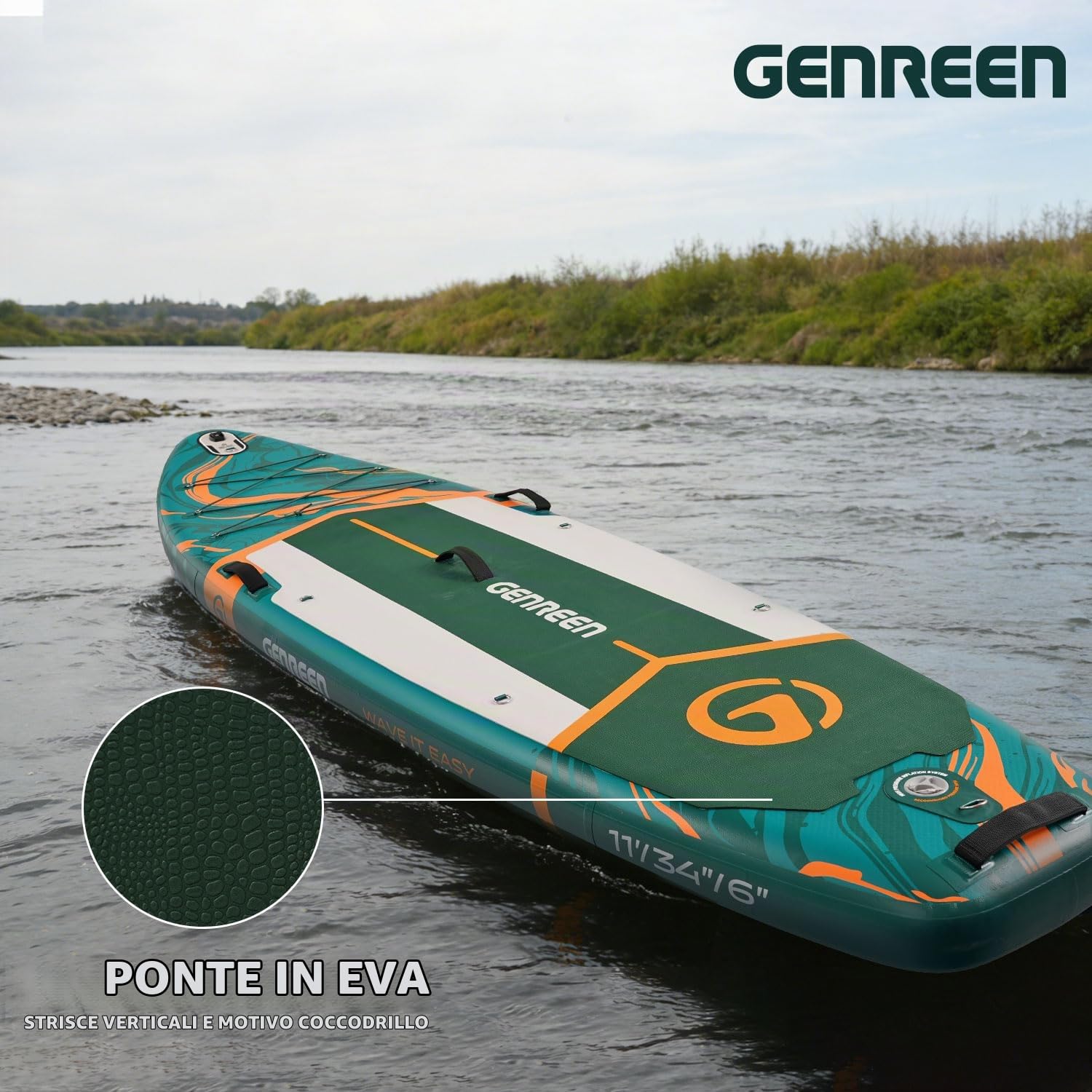 Tavola da SUP gonfiabile da 3,3 m con accessori per SUP, tavola antiscivolo, doppio strato in PVC, 3 pinne, 83,8 cm, stabile, per giovani e adulti (verde giungla)
