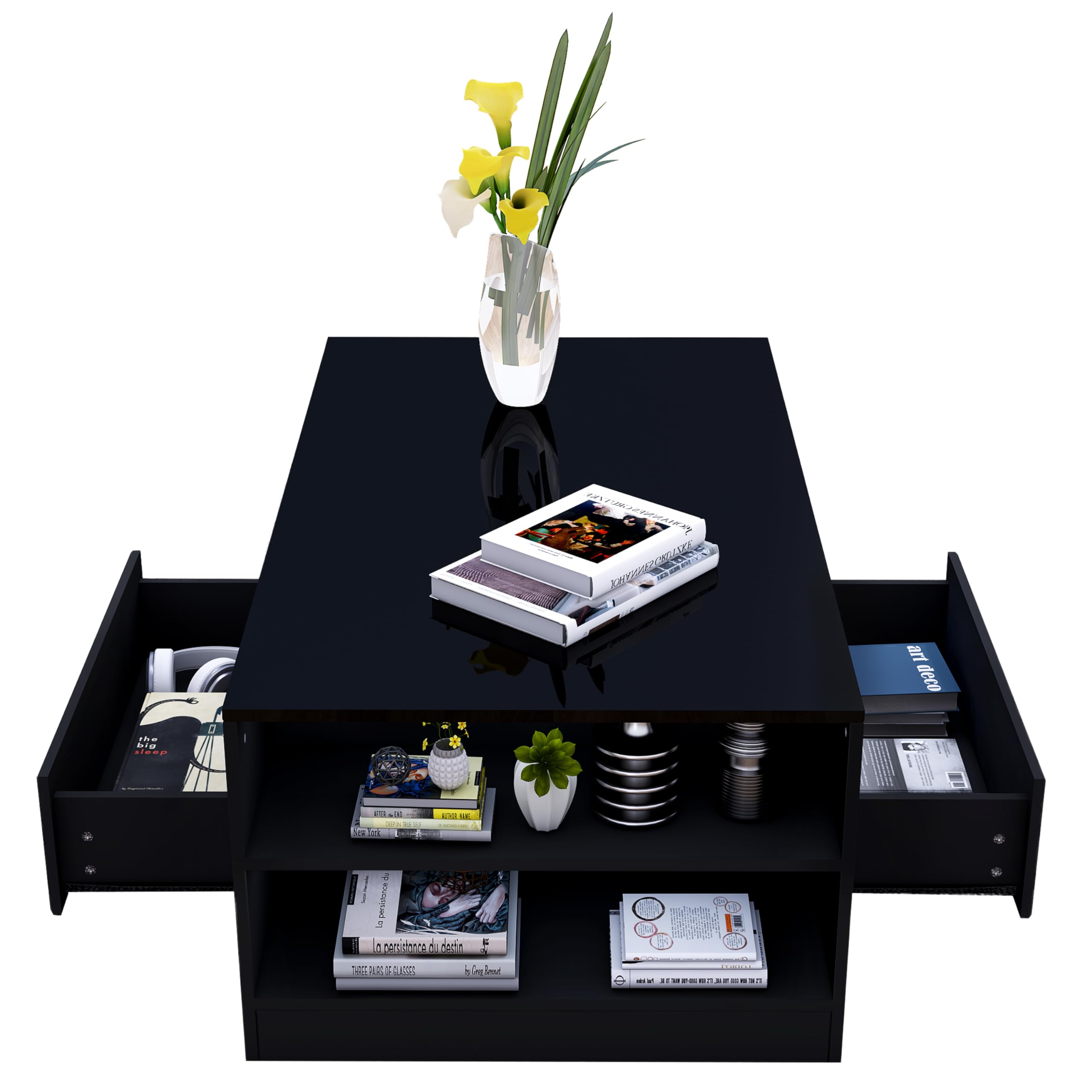 Senvoziii Universal Coffee Table with 2 Storage Drawer 4 Shelf 1 Open Case All High Gloss Modern Sofa Table Side Table for Living Room Furniture 95 x 55 x 37 cm