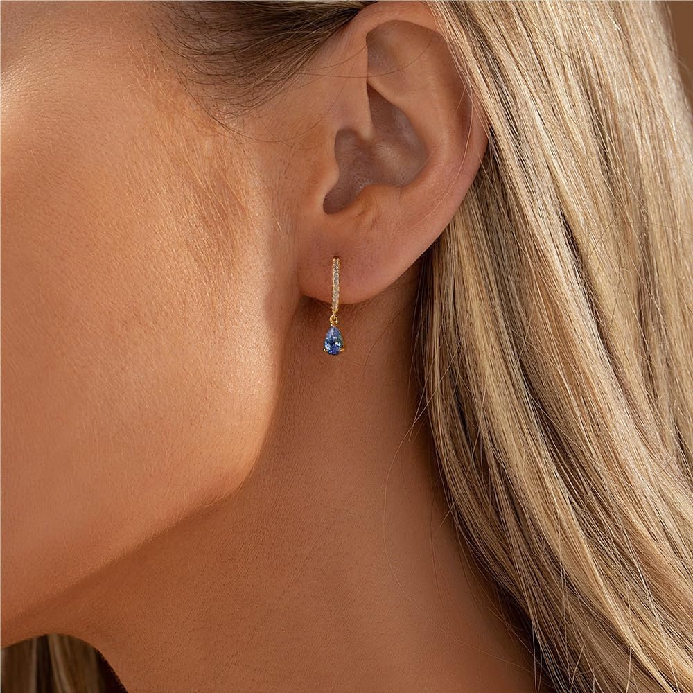 Birthstone Hoop Earrings for Women Dainty Crystal Teardrop Dangle Earring 14K Gold Plated Huggie Drop Earrings for Women Trendy Gold Jewelry Birthday Gift for Her - Image 2