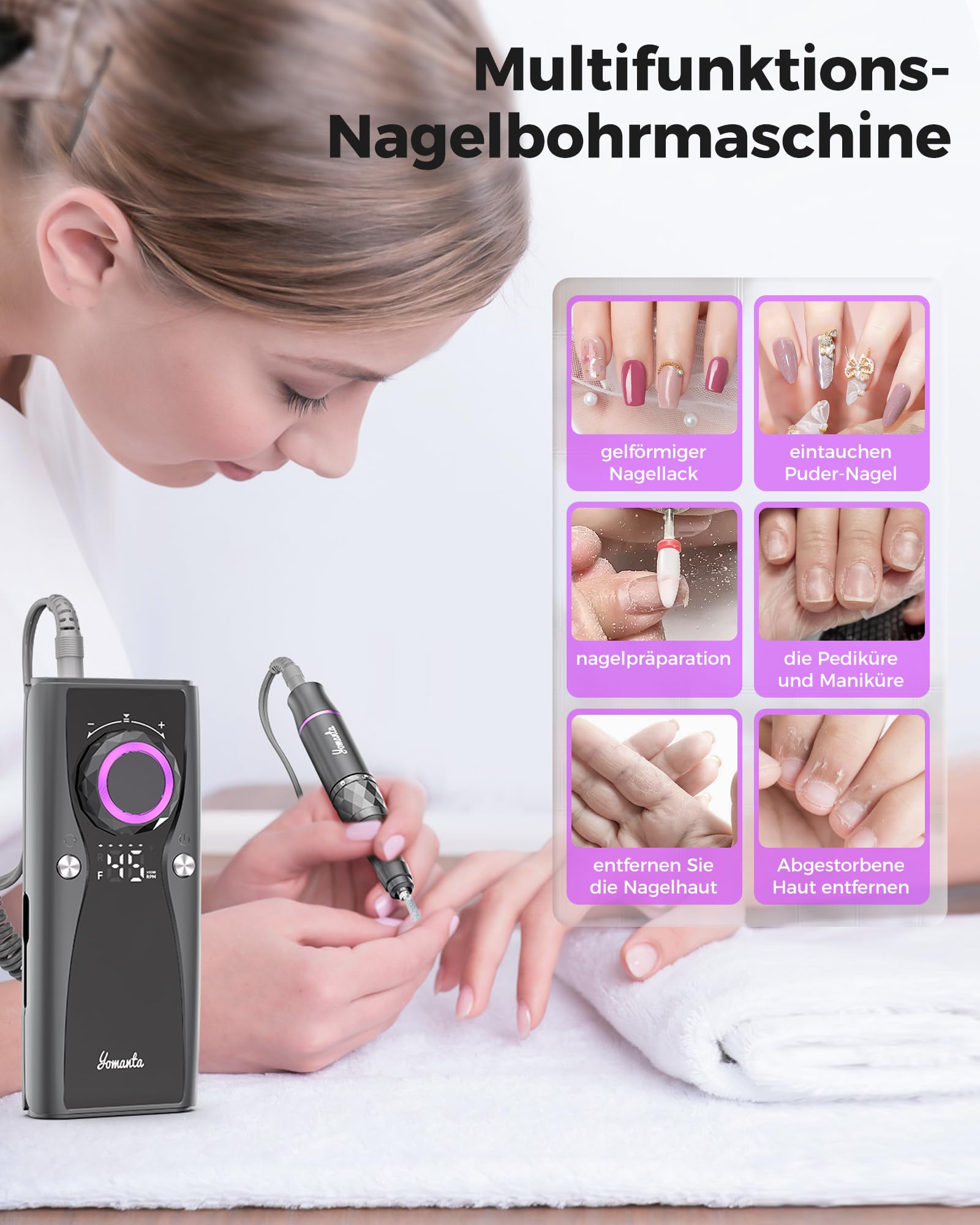yomanta Nagelfräser Professionell set 45000 RPM Tragbare Elektrische Nagelfräser 10H+Batterielebensdauer Wiederaufladbar Nagelfräser für Gelnägel, LCD-Anzeige Einstellbare Drehrichtung
