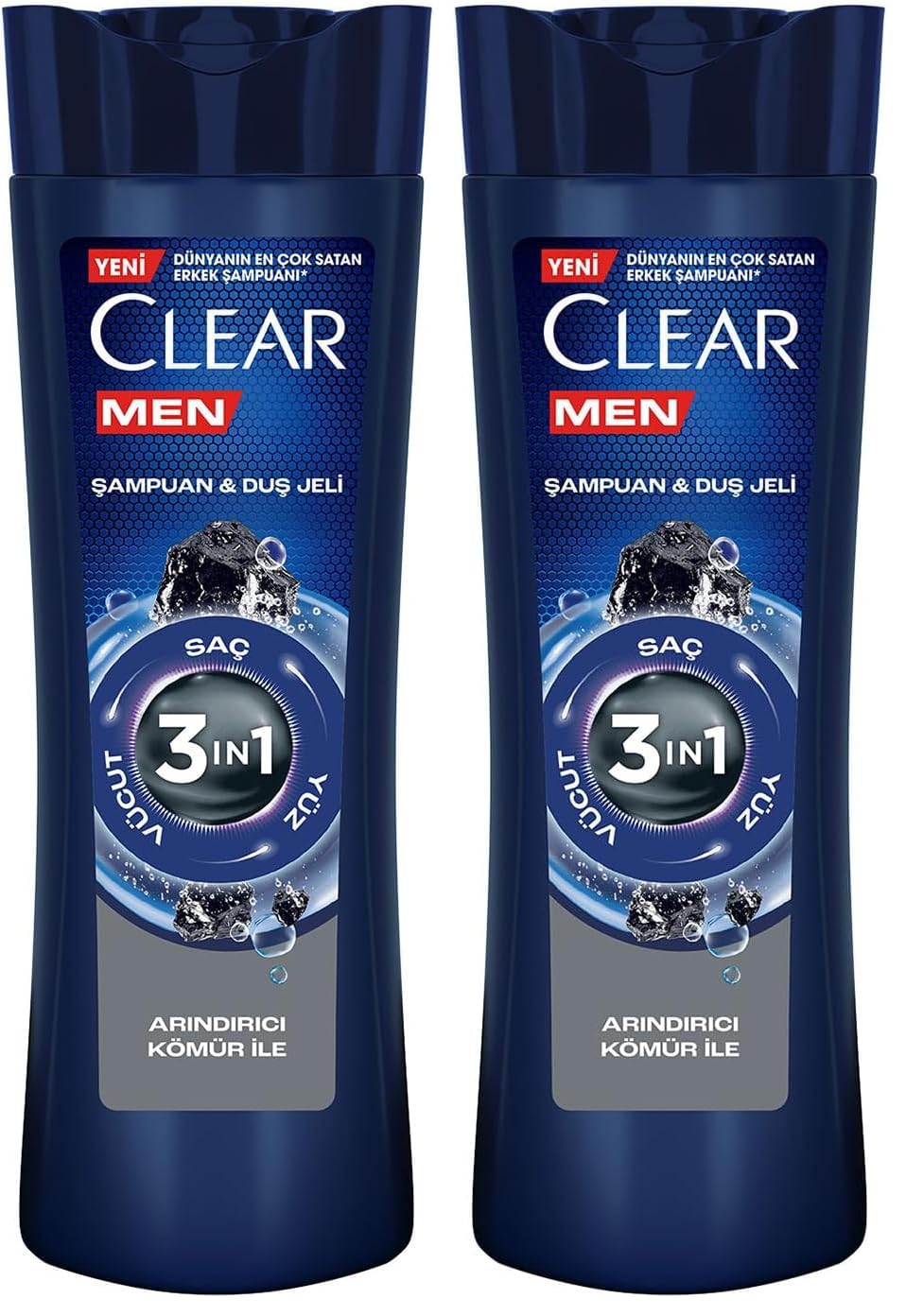 Clear Men 3 in 1 Şampuan & Duş Jeli Arındırıcı Kömür Saç Yüz Vücut İçin (2 paketi)