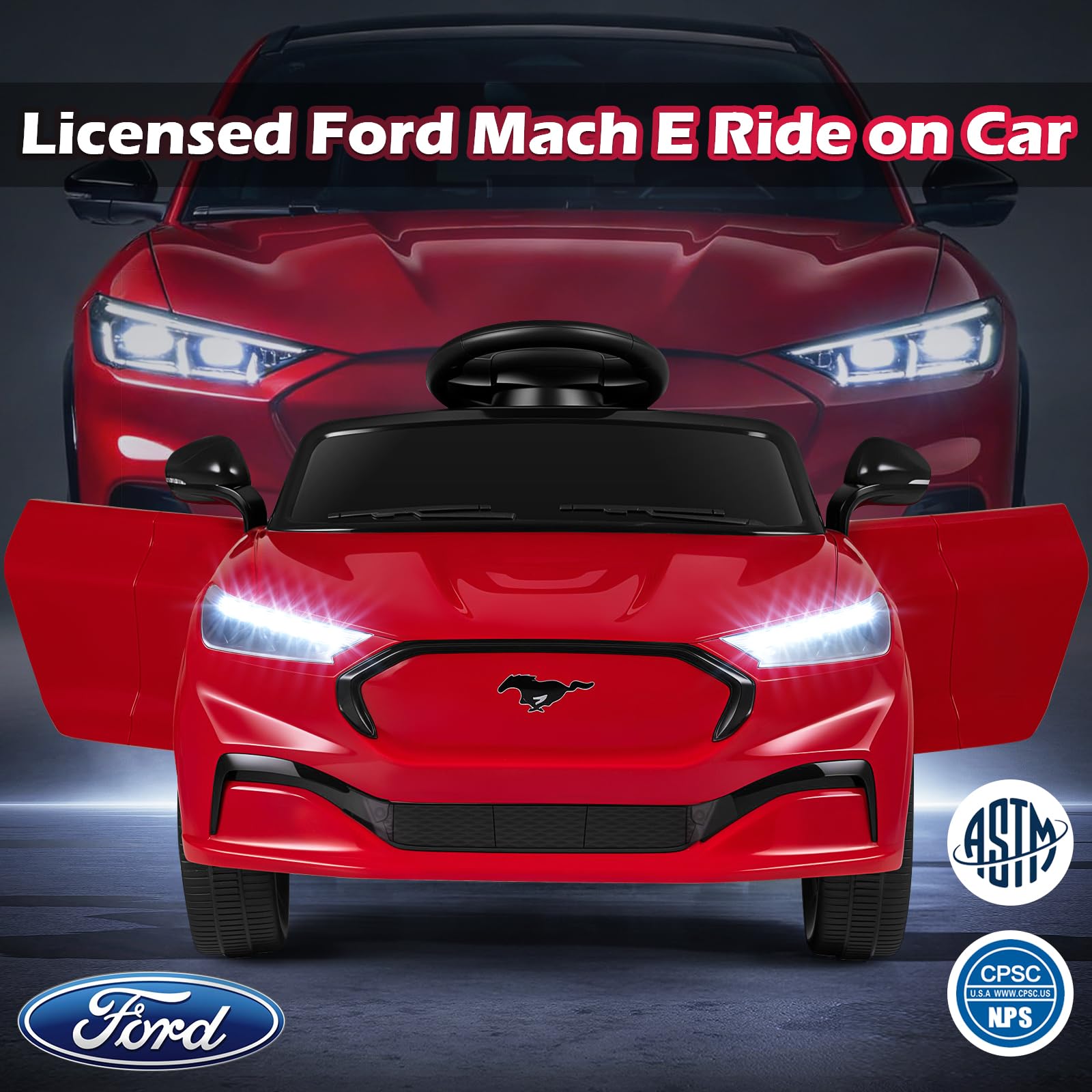 Costzon Ford Mach E - Veicolo elettrico per bambini con controllo genitori, luci LED, clacson, musica, connessione wireless e sospensioni a molla, giocattolo per bambini per ragazze e ragazzi (rosso)