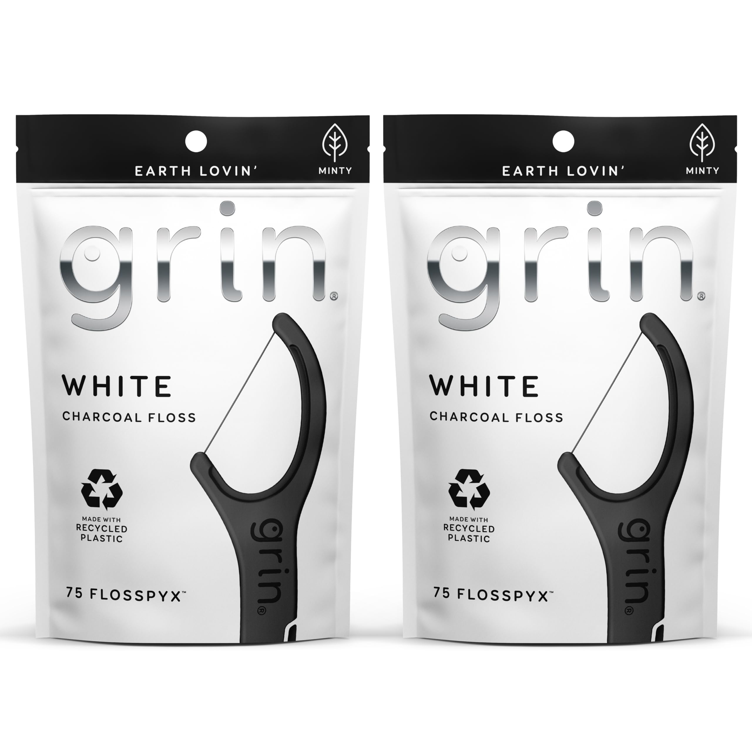 GRIN White Charcoal Infused Flosspyx, 75 Count, Dental Flossers, Minty Flavor, Recycled Plastic, Charcoal Infused Floss Picks, Premium Longer Floss Head, Easy Slide, Includes Soft Fold-Back Tooth Pick